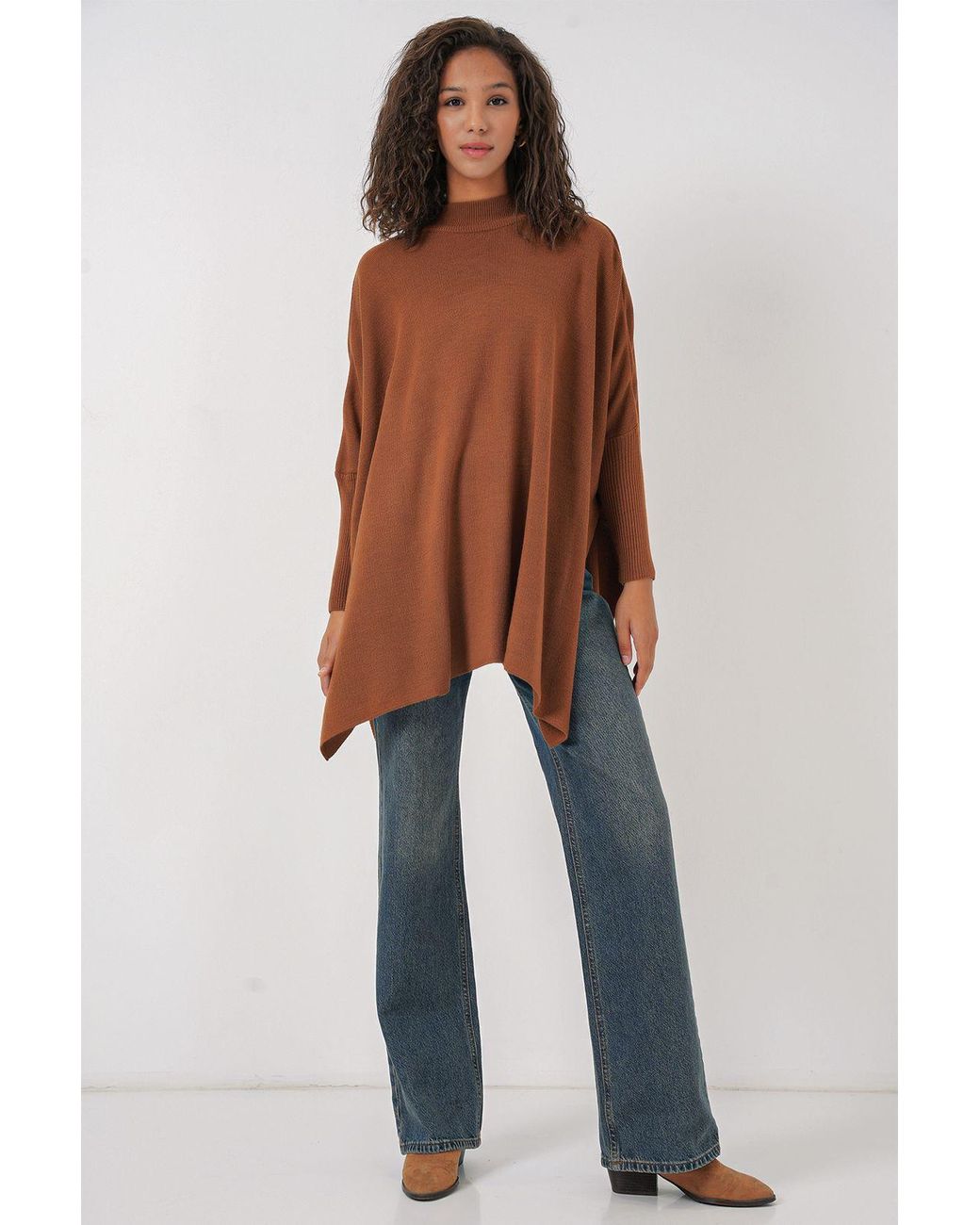Bigdart Brown Slit Detailed Half Turtleneck Loose Sweater