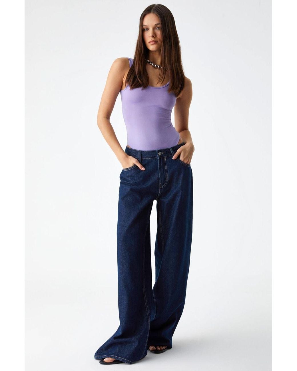 Grimelange Purple Slim Fit U-Neck Snap Tank Top