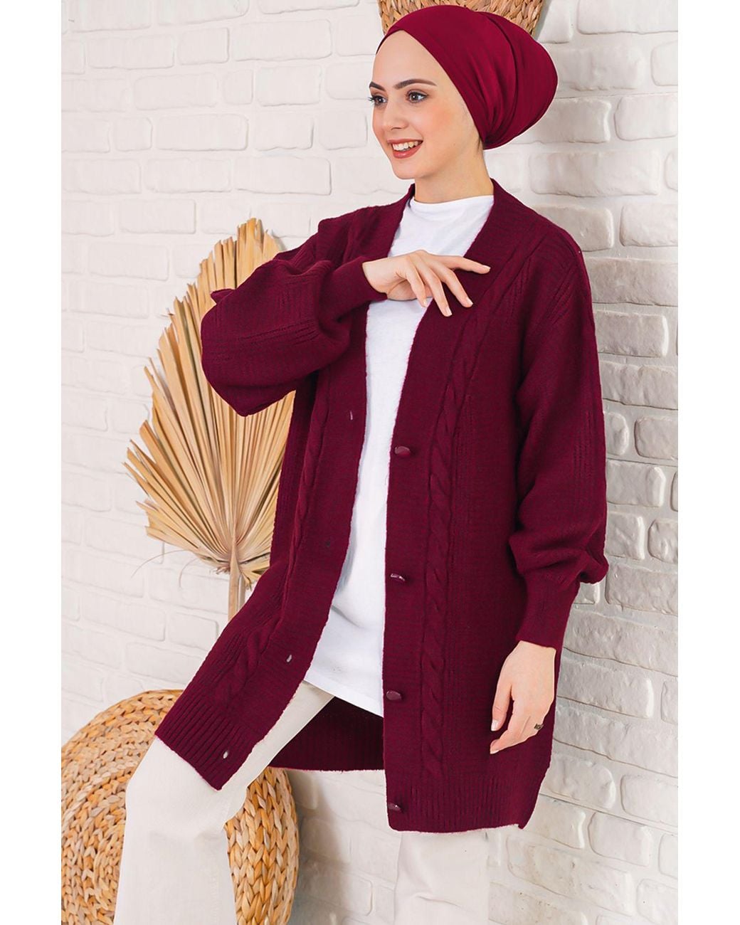 Bigdart Red Buttoned V-Neck Jacquard Cardigan