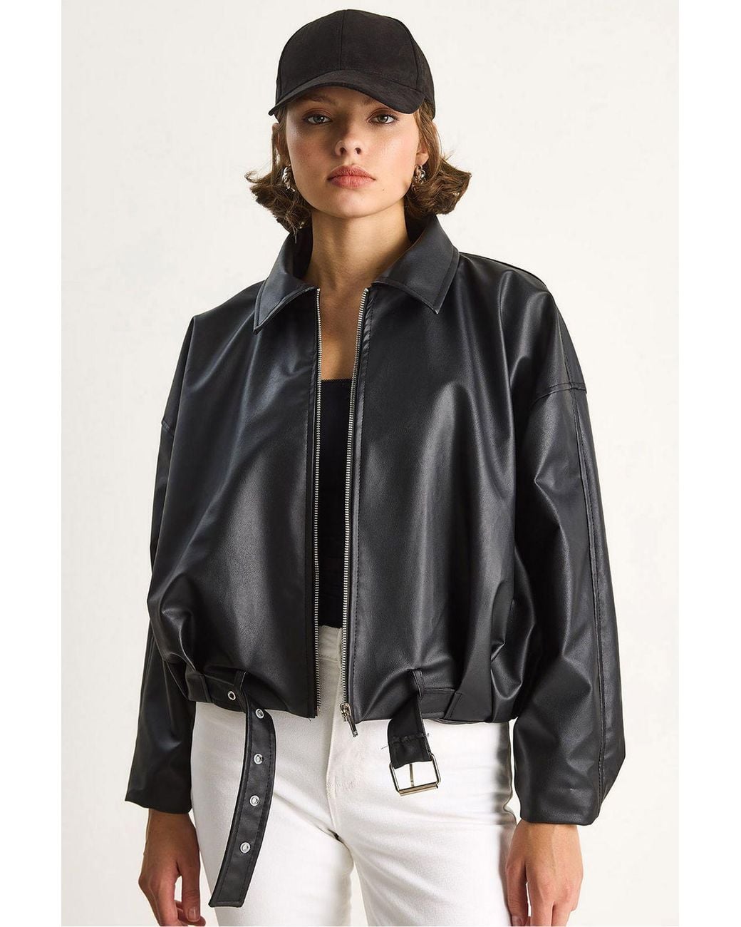 Bianco Lucci Black Faux Leather Bomber Jacket With Zipper Closure