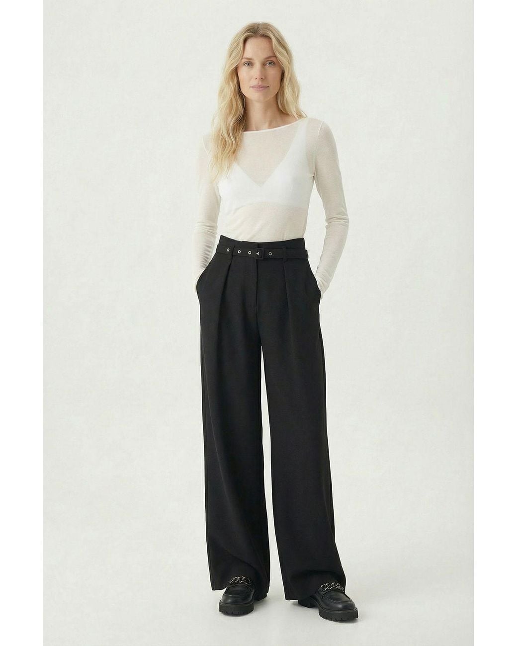 Happiness İstanbul White Pleated Belted Wide Leg Trousers