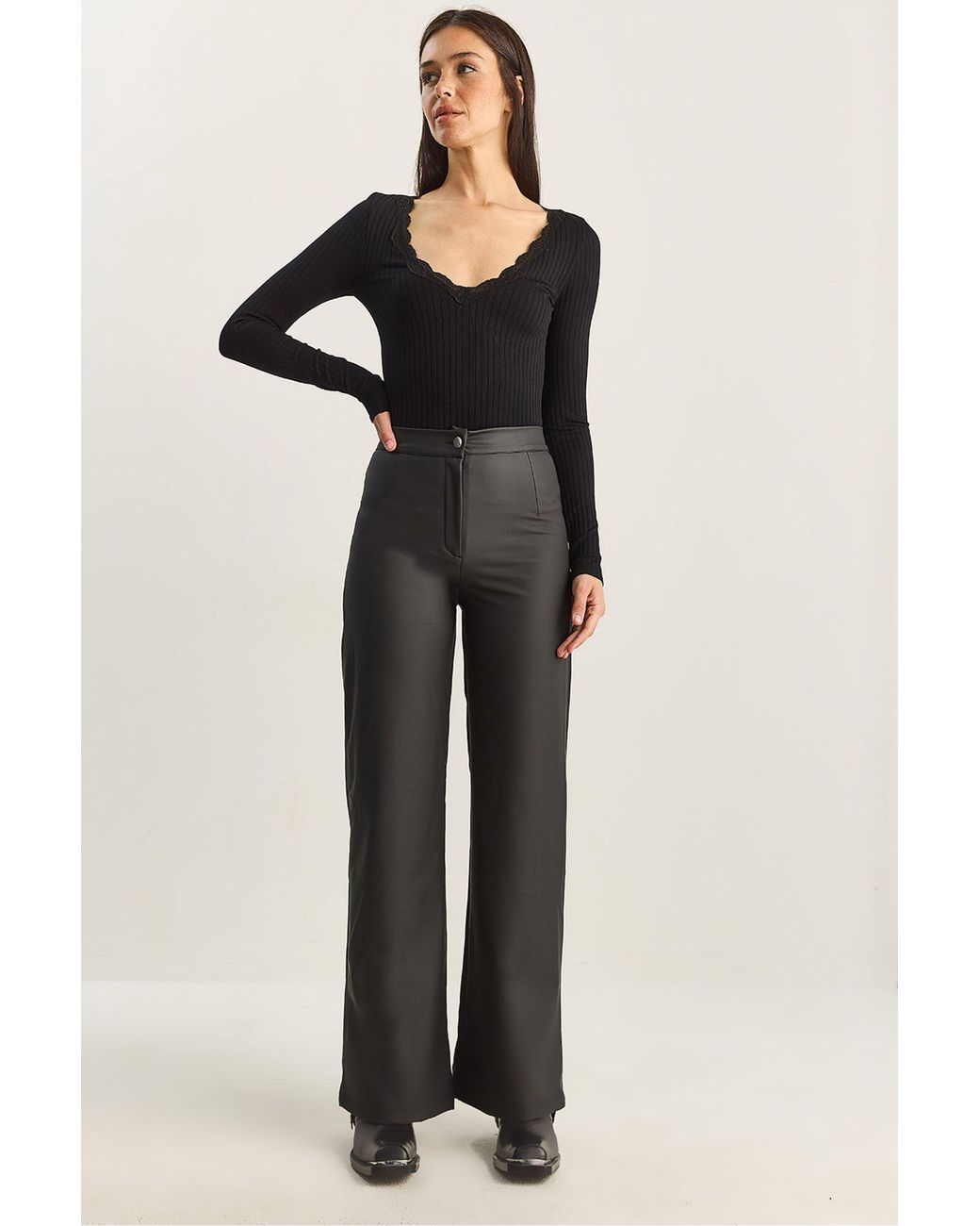 Bianco Lucci Black High Waist Wide Leg Faux Leather Pants