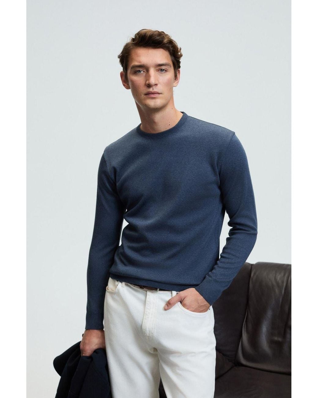 Grimelange Blue Ribbed Crew Neck Jumper for men