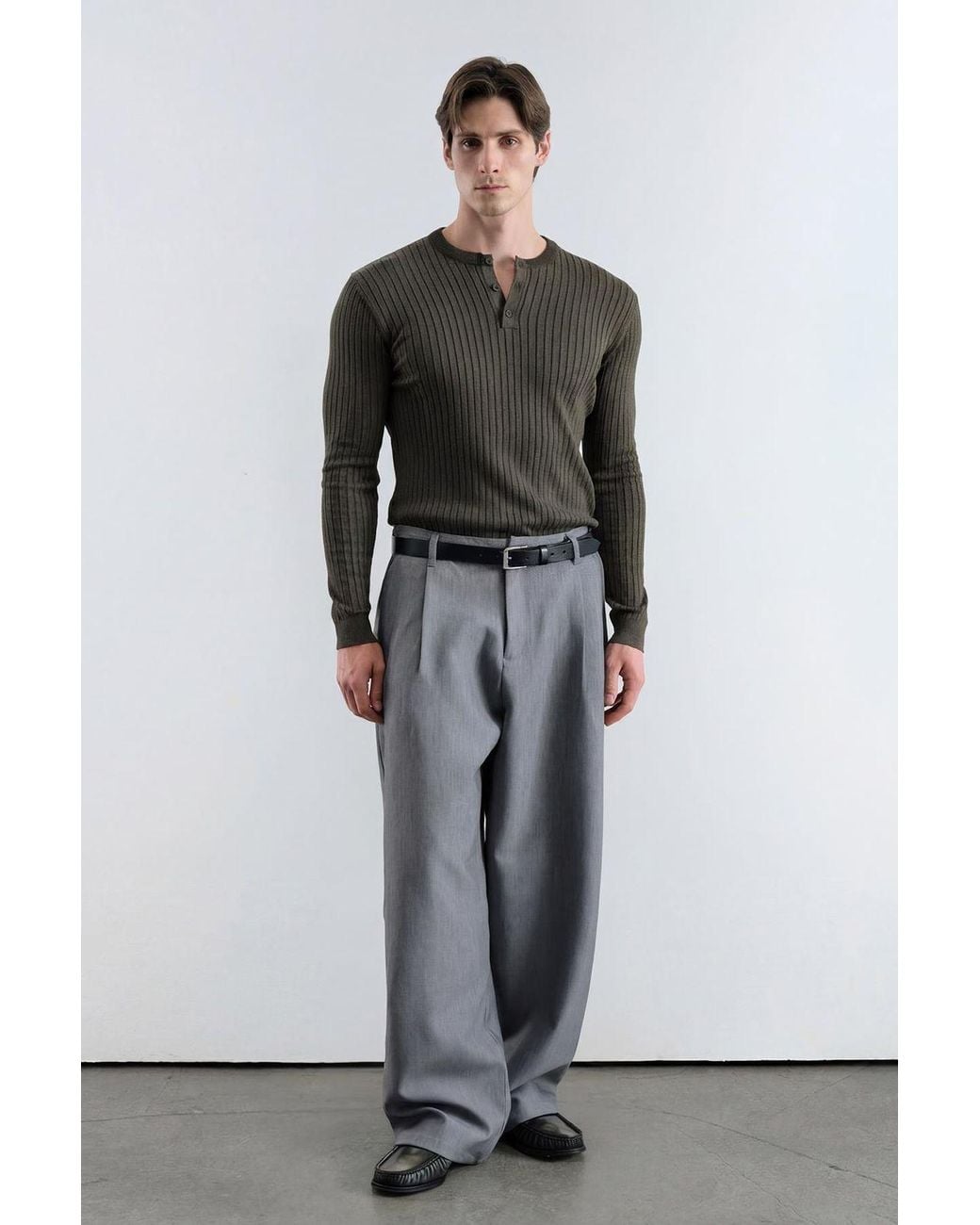 Giesto Gray Slim Fit Button Collar Long Sleeve T-Shirt for men