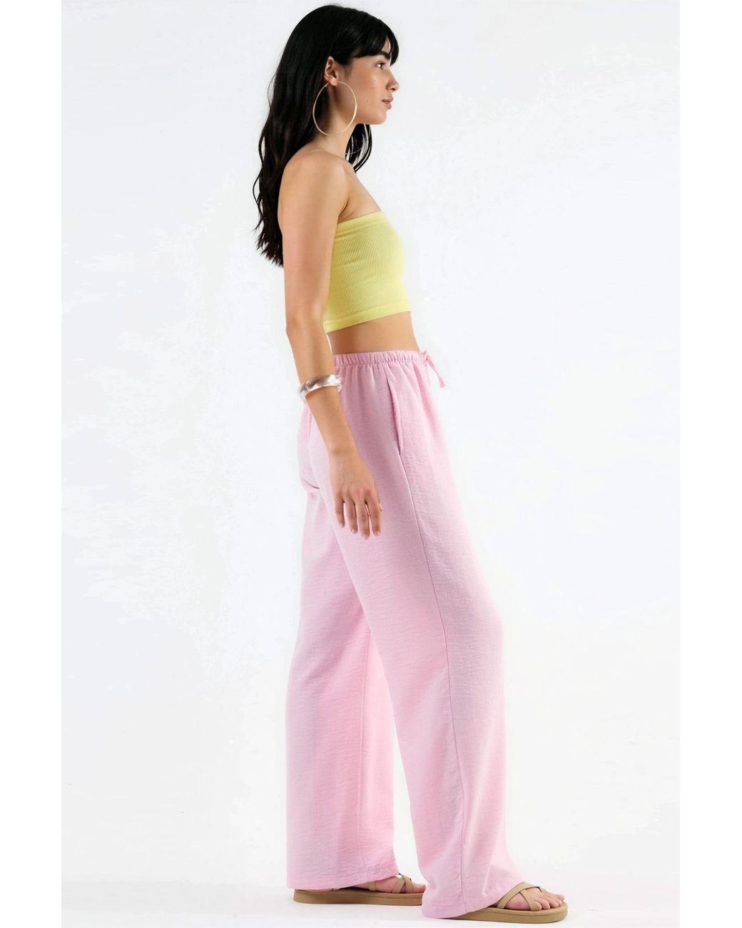Busem Pink Textured Woven Straight Leg Pants With Drawstring Waist