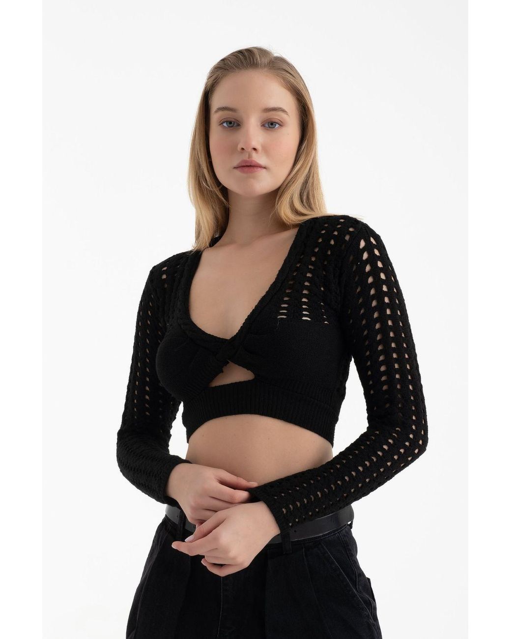 Hiccup Black Scoop Neck Knitted Cut Out Long Sleeve Crochet Blouse