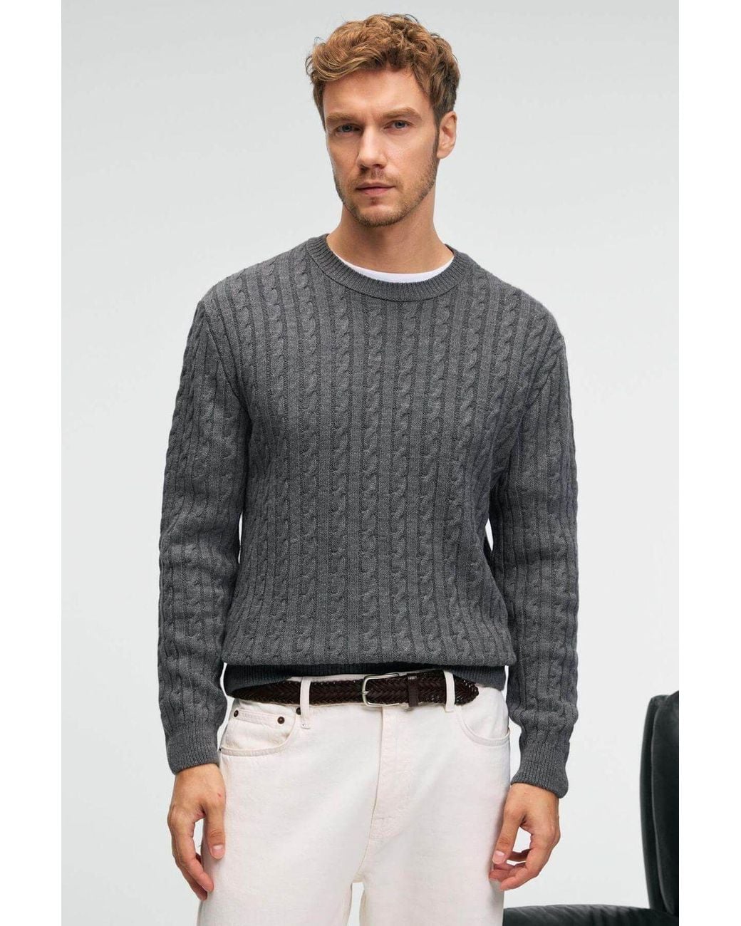 Grimelange Gray Cable Knit Crew Neck Jumper for men