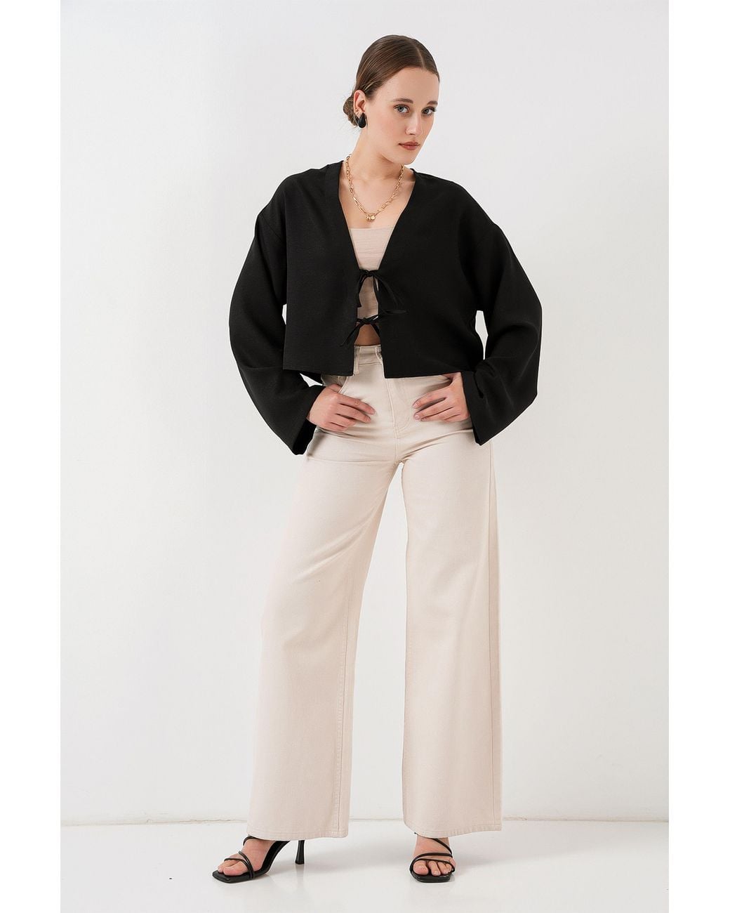 Bigdart Black Viscose Blend V-Neck Long Sleeve Kimono With Binding Detail