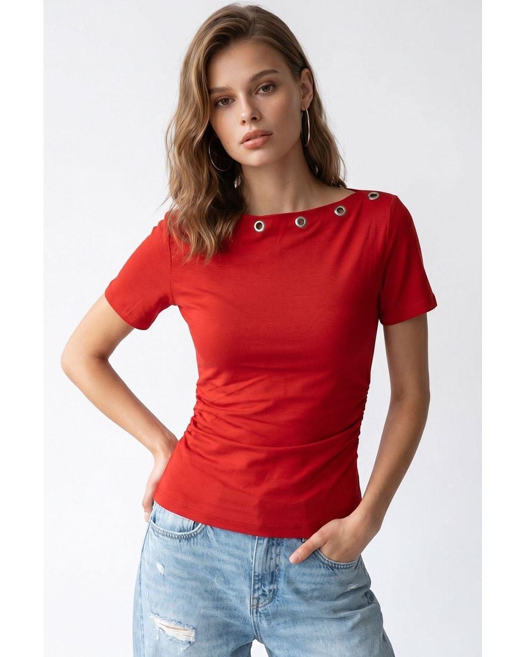 MixRay Red Slim Fit Boat Neck T-Shirt