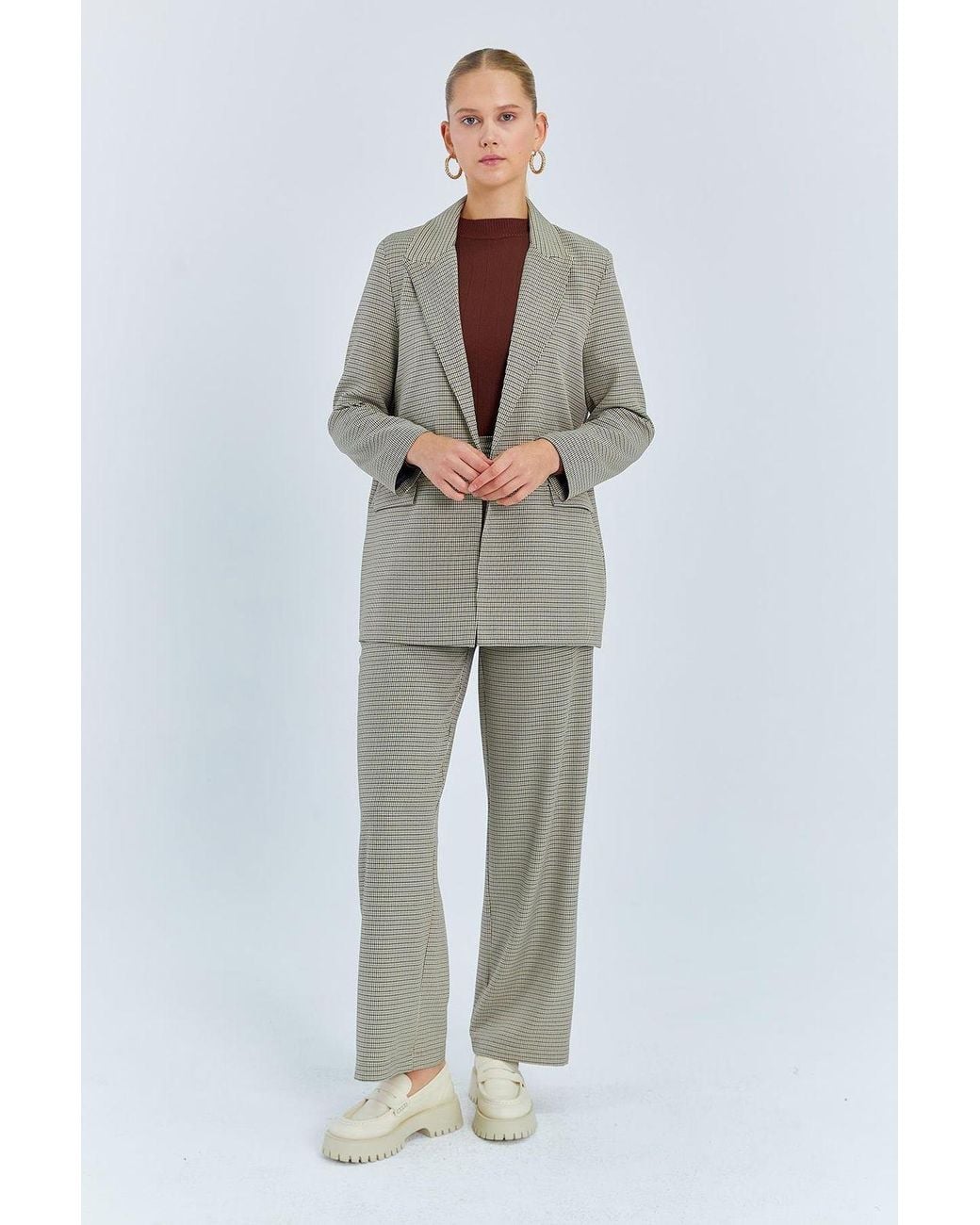 MixRay Gray Long Plaid Crepe Blazer