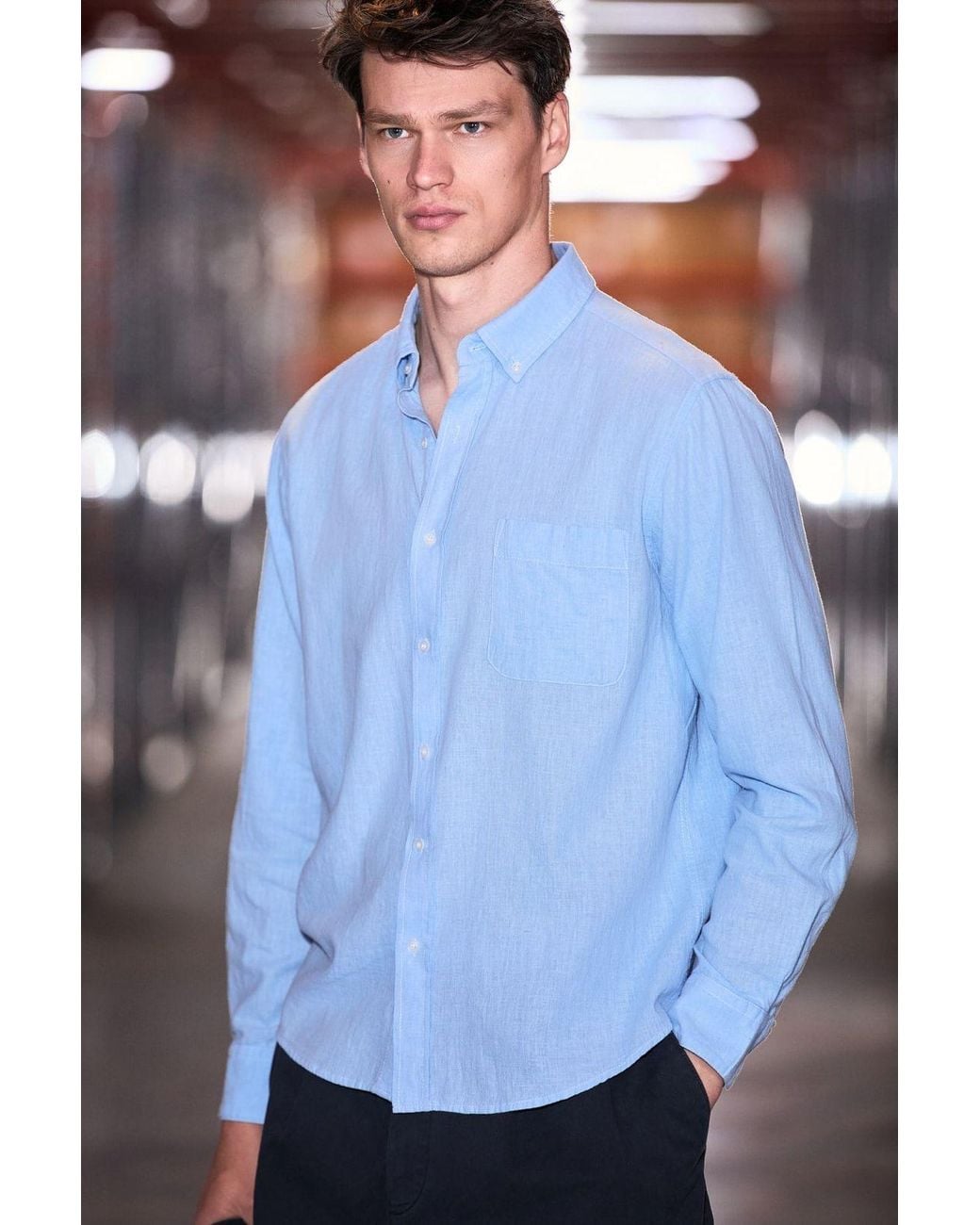 Grimelange Blue Slim Fit Button Collar Shirt for men
