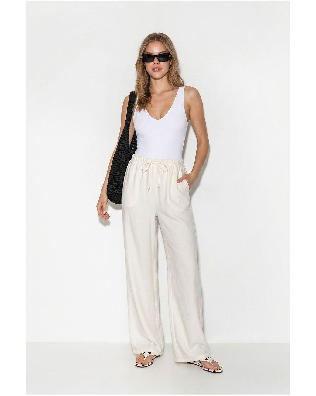 Bianco Lucci White Wide-Leg Crepe Trousers