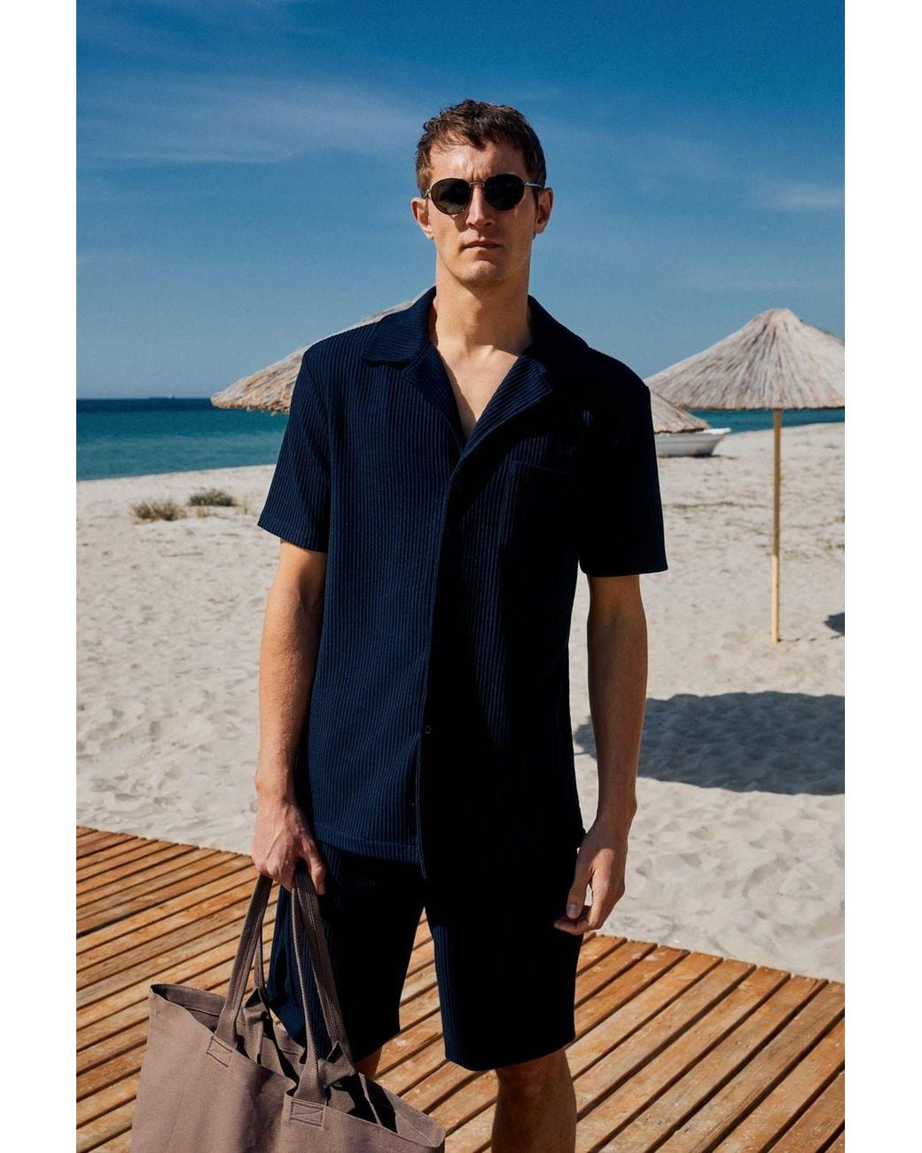 Grimelange Blue Knitted Open Collar Button Shirt for men