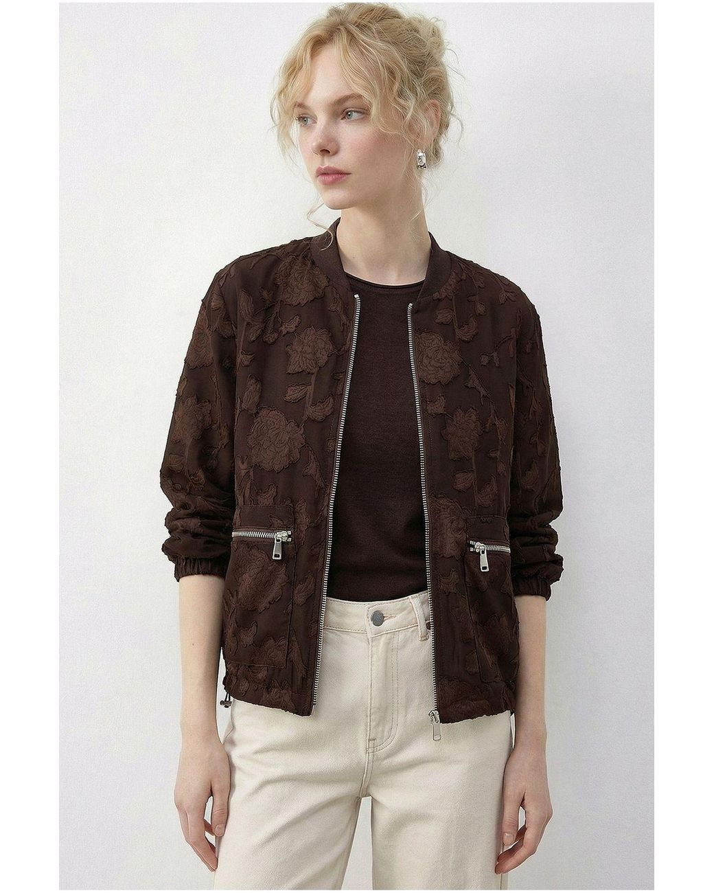 Bianco Lucci Brown Floral Oversized Bomber Jacket