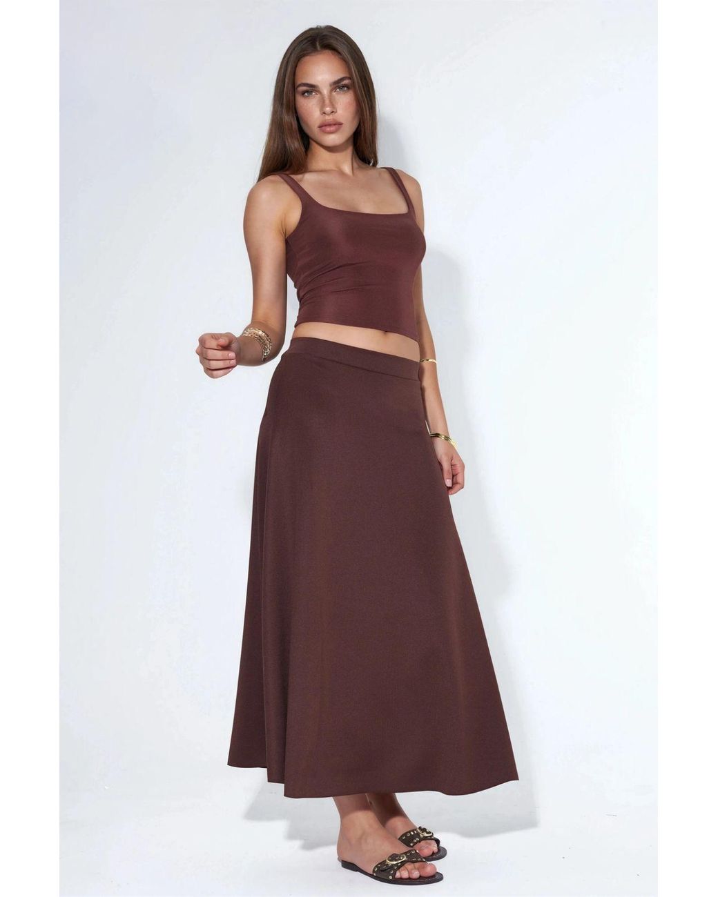 Hiccup Brown High Waist A-Line Midi Skirt