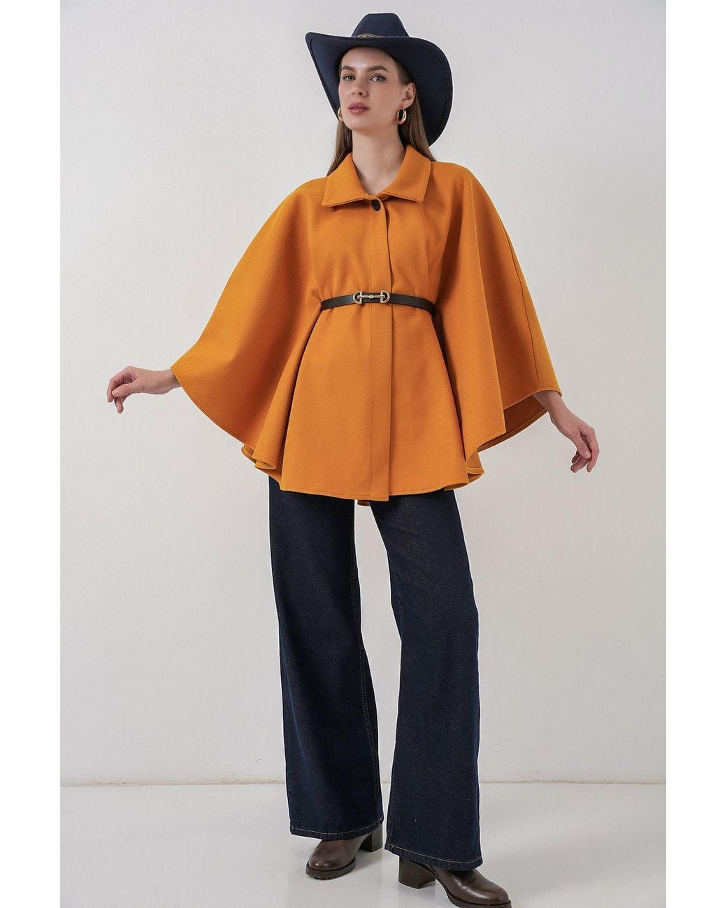 Bigdart Orange Belted Tweed Cape Coat