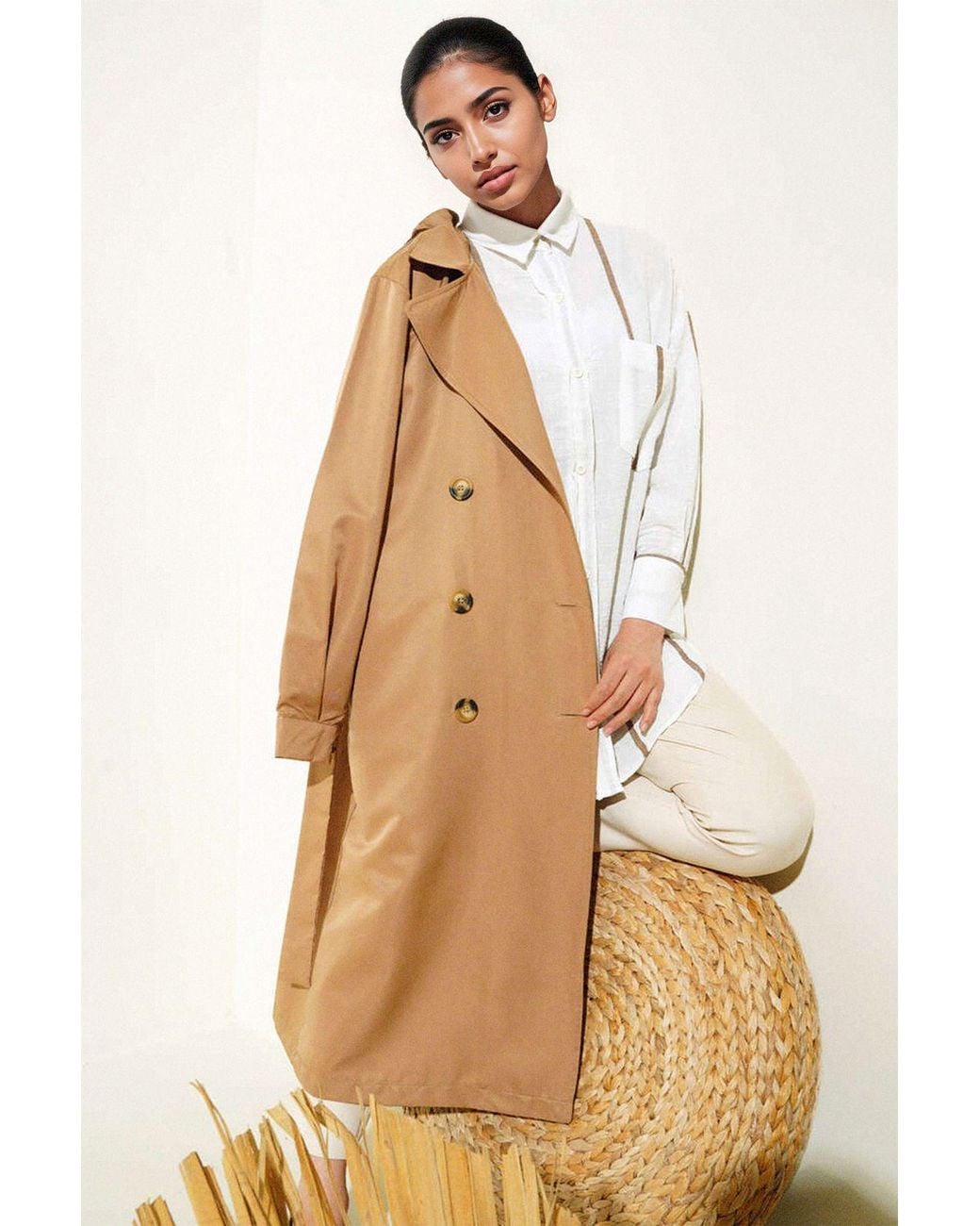 Bigdart Natural Double Breasted Long Trench Coat