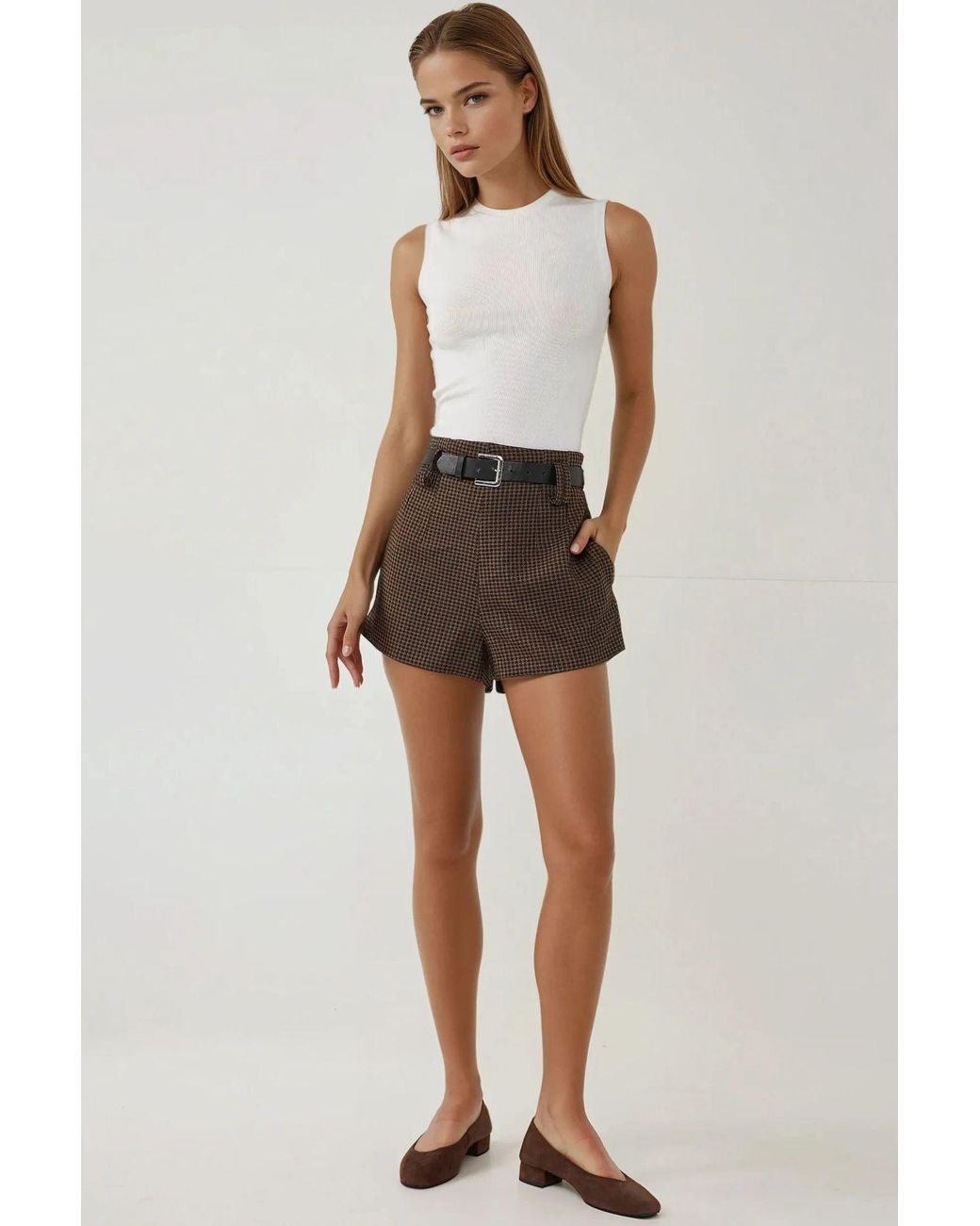Hiccup White High Waist Checkered Shorts