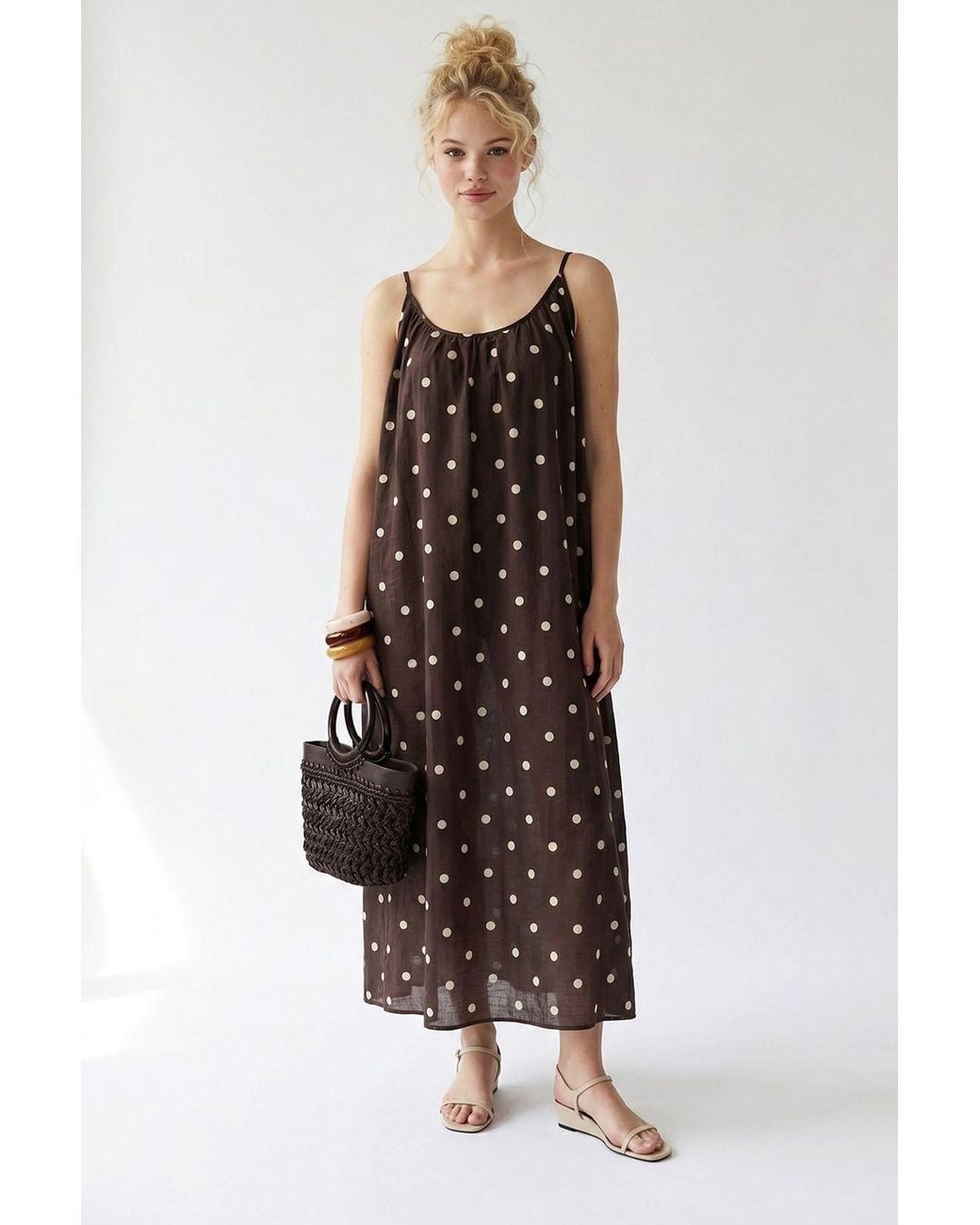 MixRay Brown Polka Dot A-Line Maxi Dress