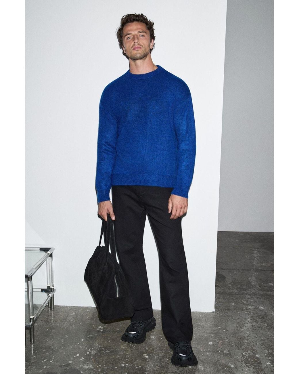 Grimelange Blue Ribbed Crew Neck Jumper for men