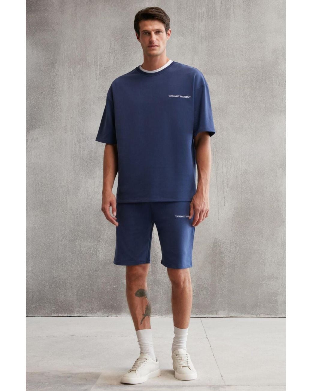 Grimelange Blue Embroidered Crew Neck Tracksuit Set for men