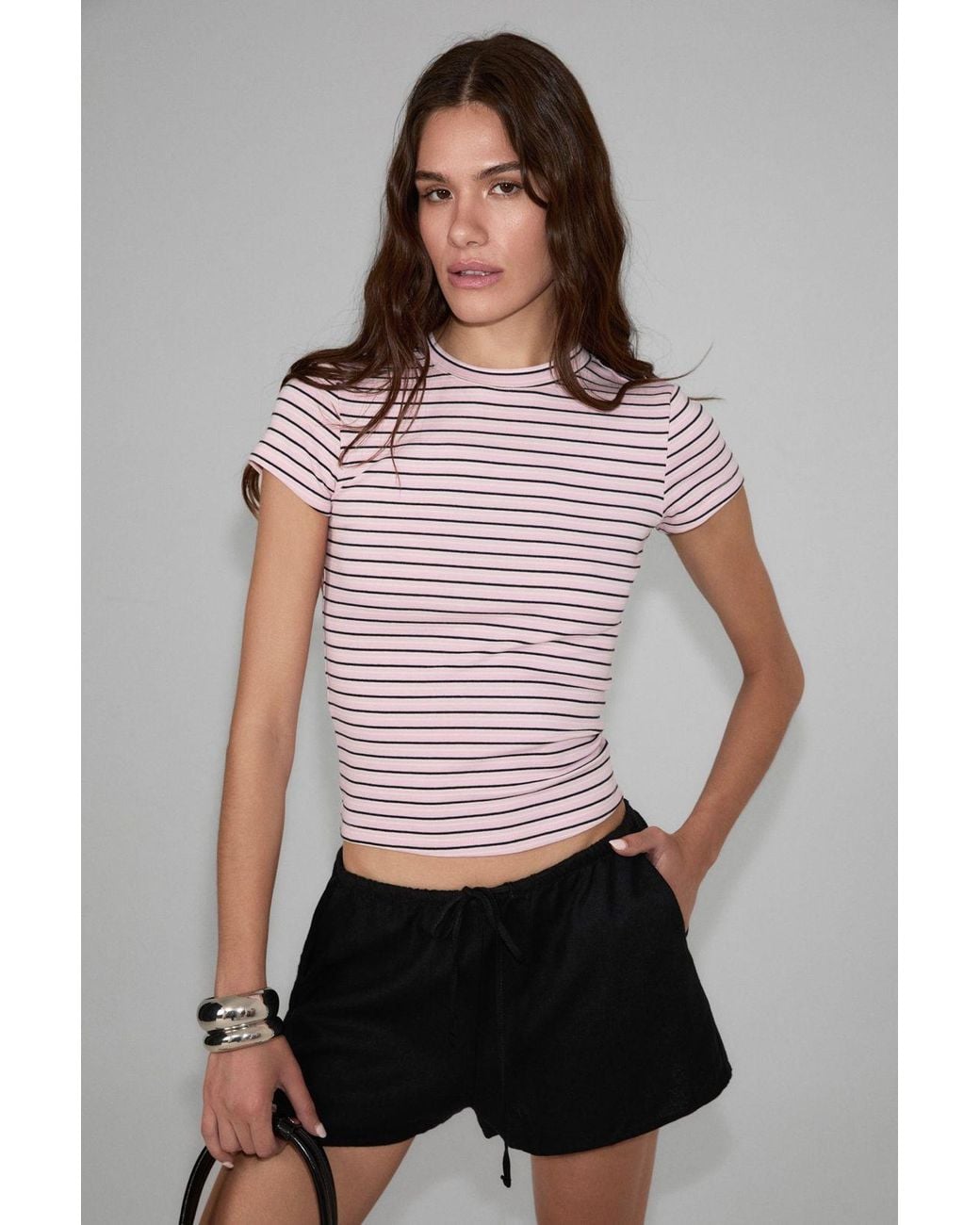 Grimelange Red Slim Fit Crop Crew Neck T-Shirt