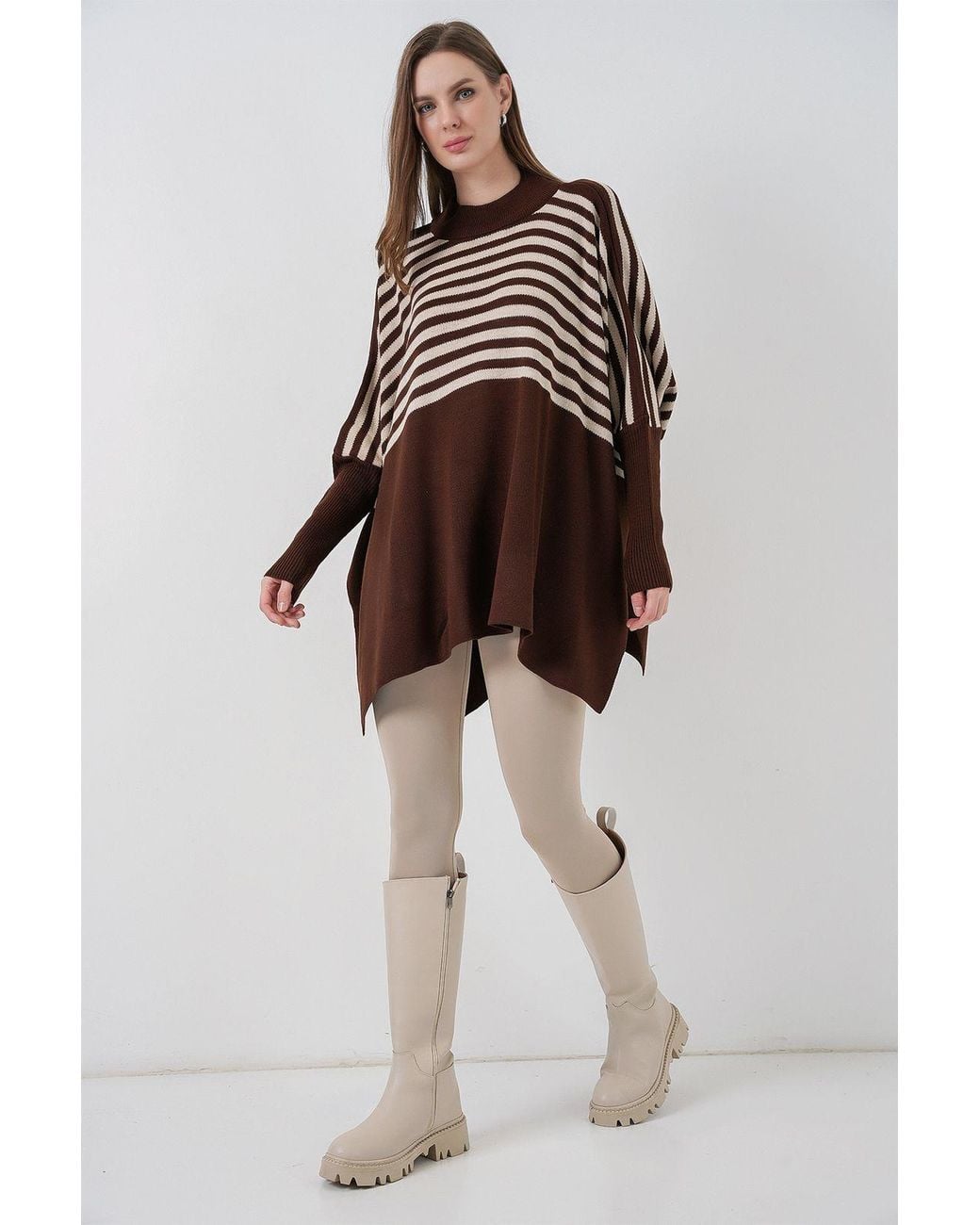 Bigdart Brown Slit Detailed Half Turtleneck Loose Sweater