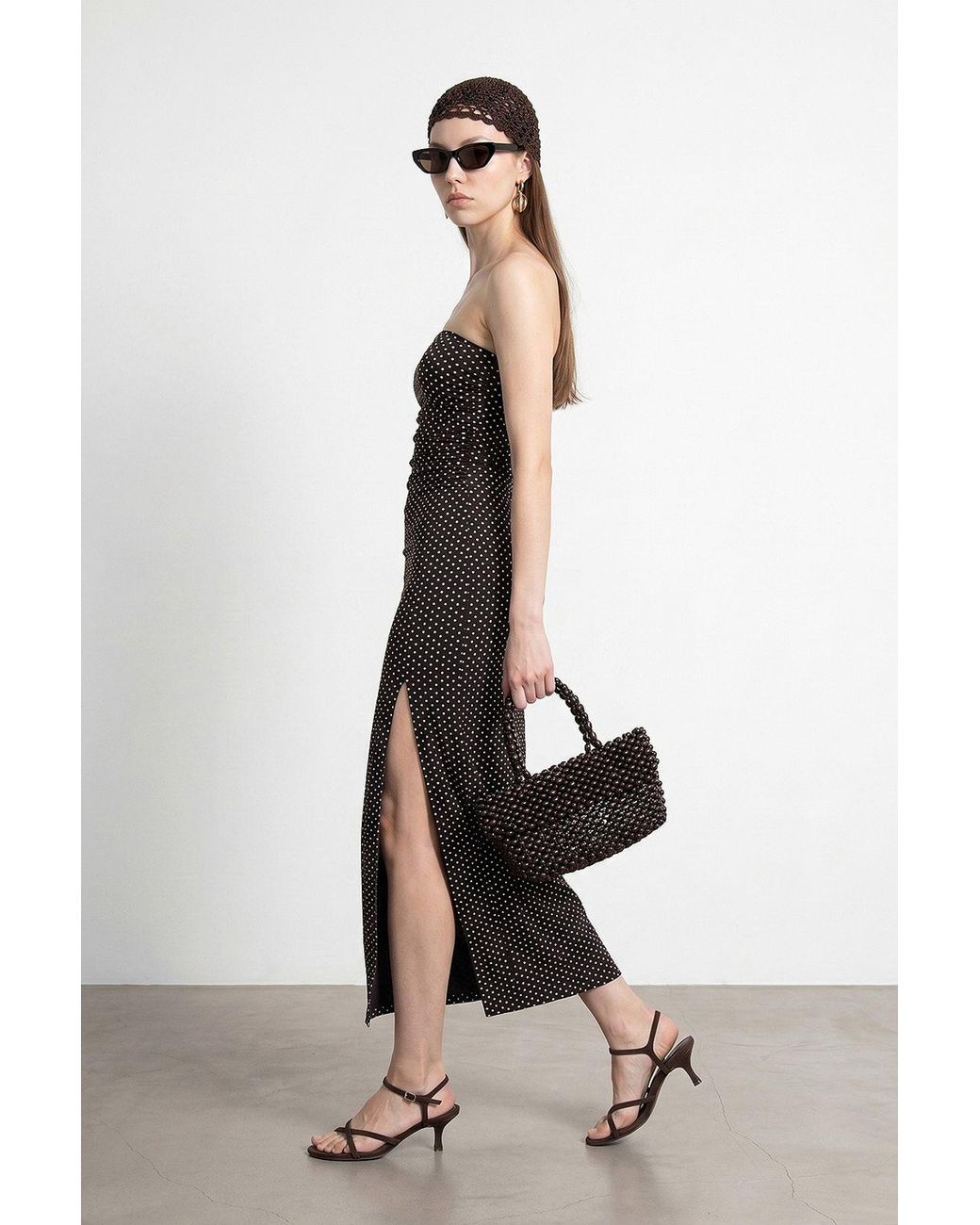 Dilvin Brown Strapless Polka Dot Bodycon Midi Dress