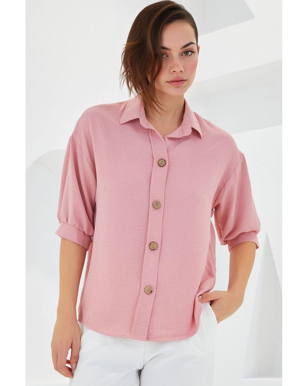 Bigdart Pink Oversized Crepe Shirt With Button Closure