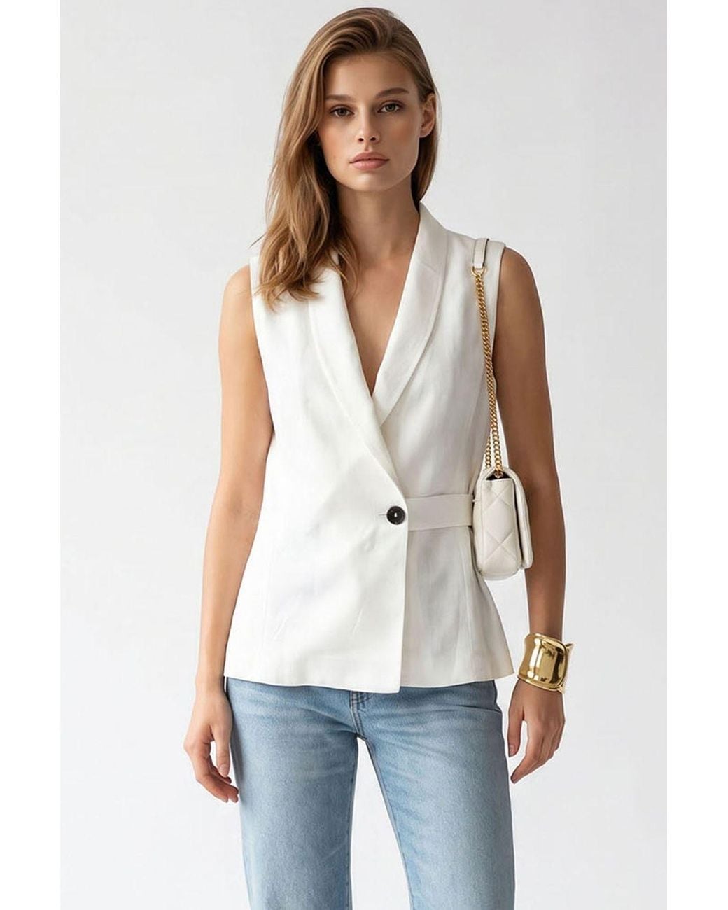 MixRay White Belted Cotton-Linen Waistcoat