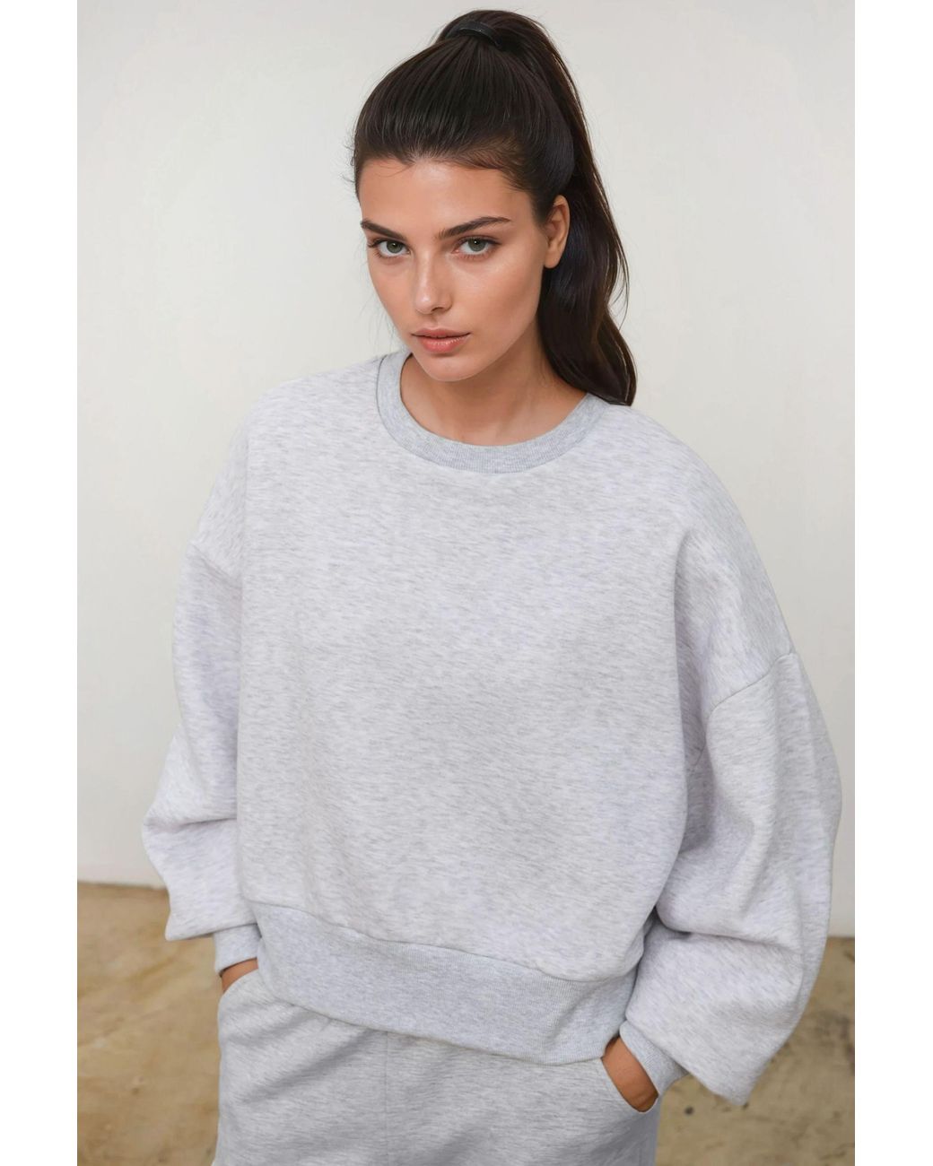 Hiccup Gray Loose Fit Crew Neck Knitted Raised Sweatshirt