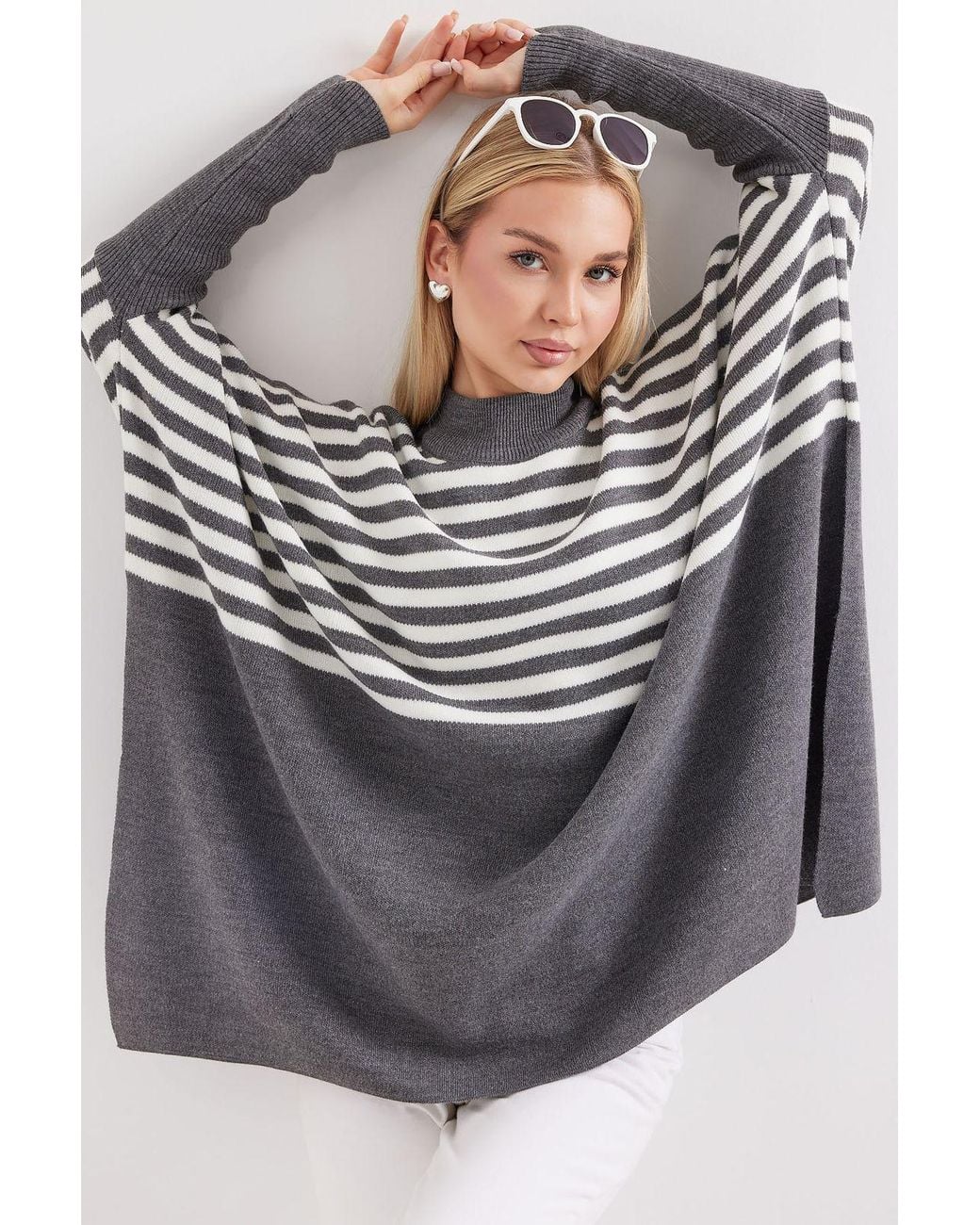 Bigdart Gray Slit Detailed Half Turtleneck Loose Sweater