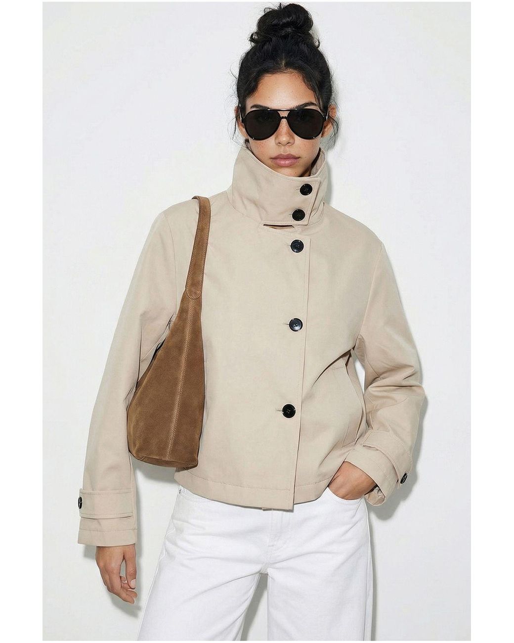Bianco Lucci Natural Short Mandarin Collar Trench Coat