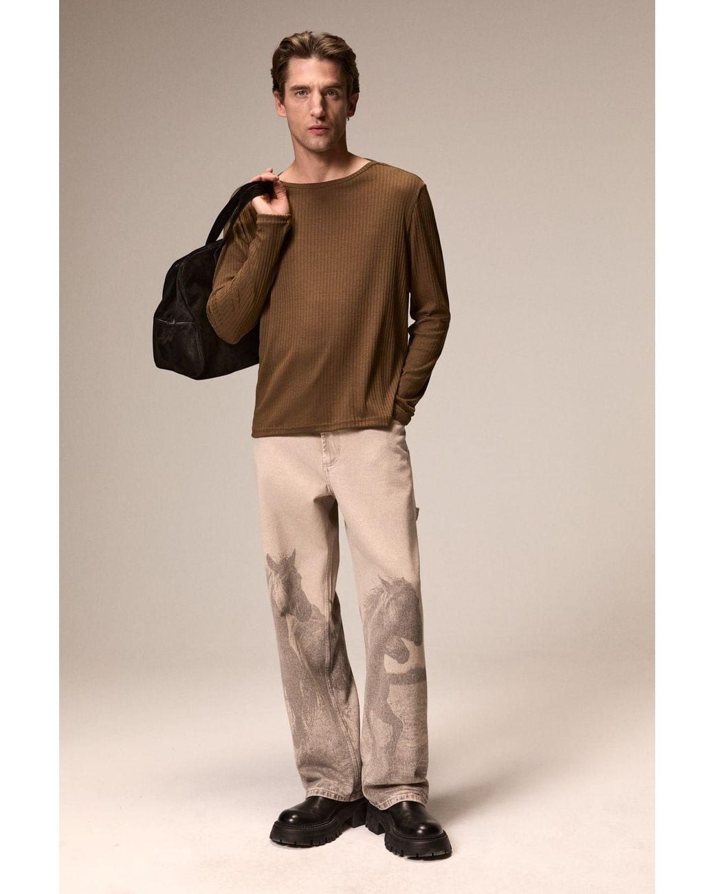 Grimelange Brown Regular Fit Crew Neck T-Shirt for men
