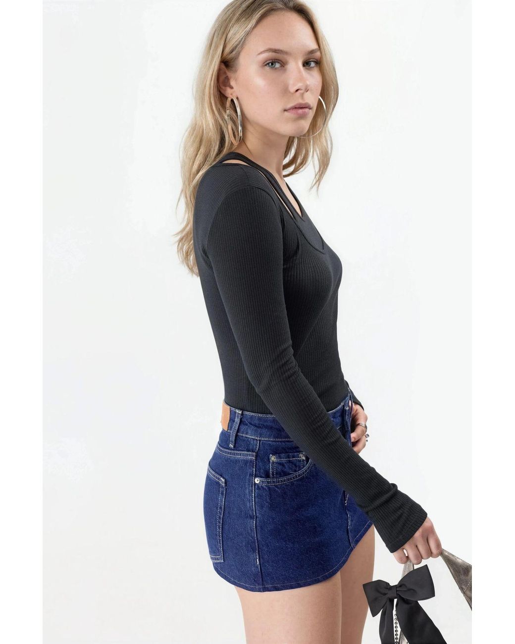Busem Blue Ribbed U Collar Long Sleeve Blouse