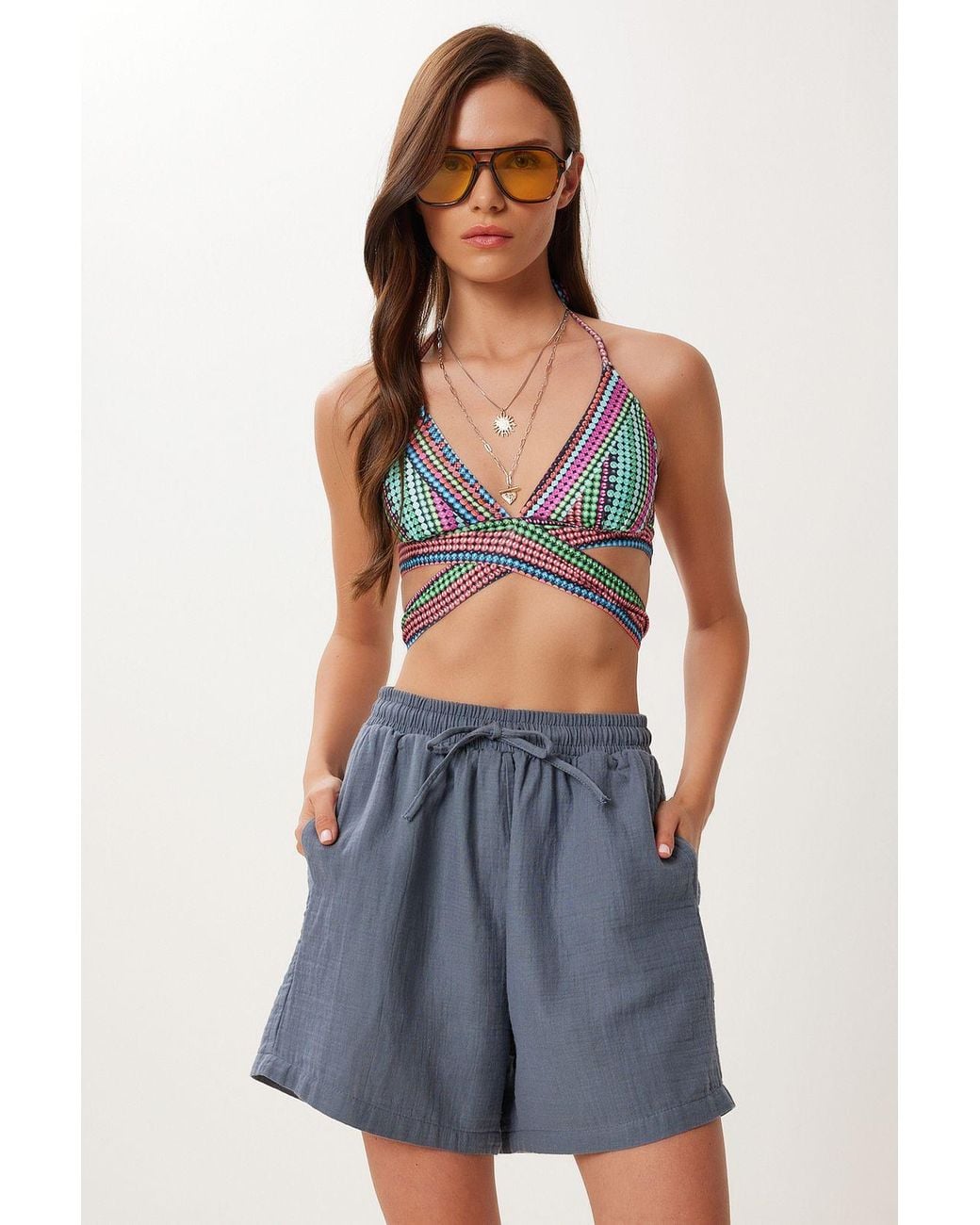 Happiness İstanbul Blue High Waist Wide Leg Cotton Shorts
