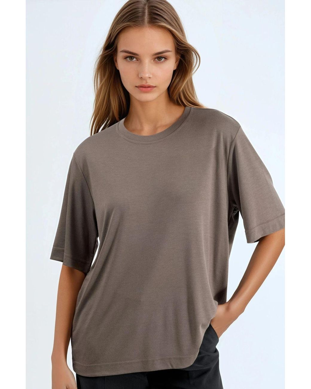 Busem Gray Oversized Crew Neck Ribbed T-Shirt
