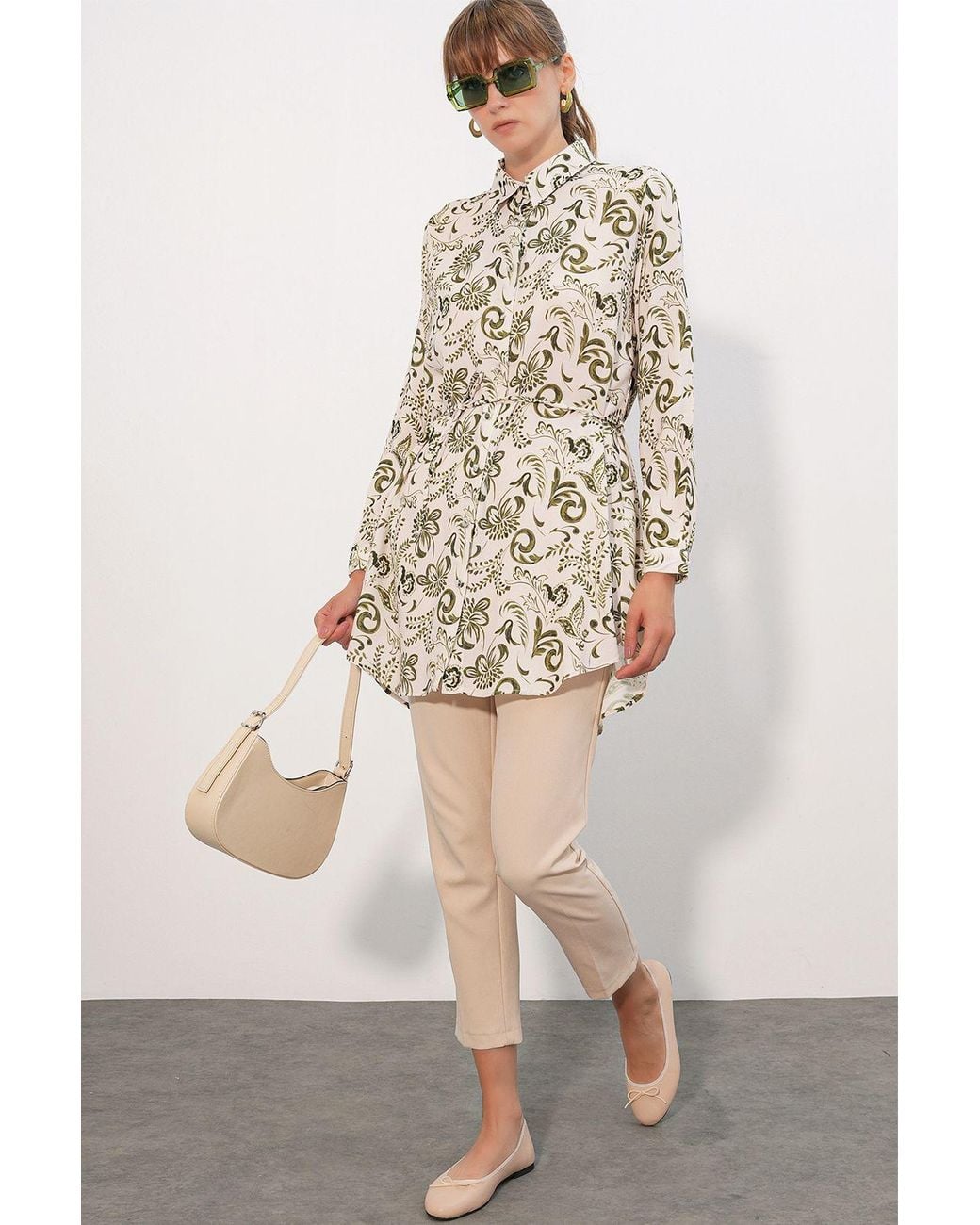 Bigdart Natural Floral Viscose Crepe Belted Long Shirt