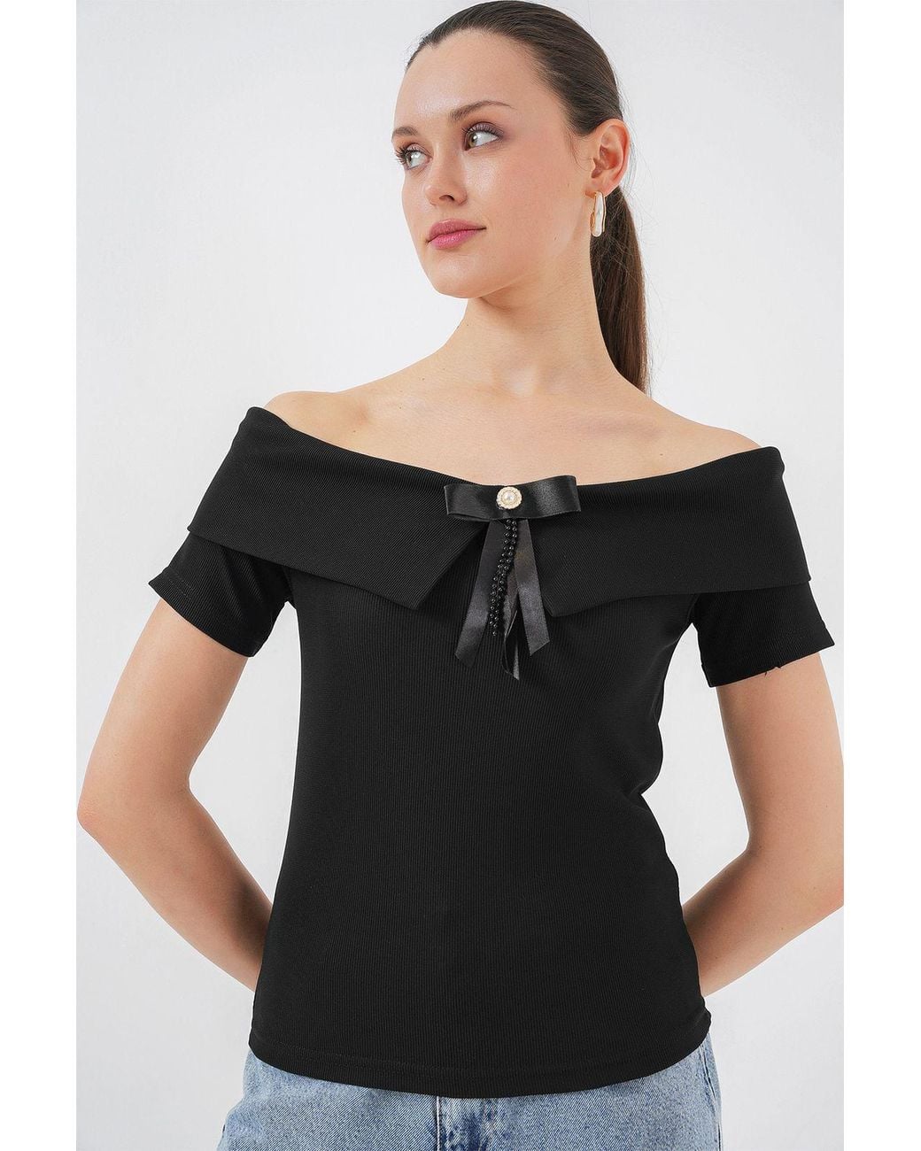 Bigdart Black Boat Neck Ribbed Blouse With Bow