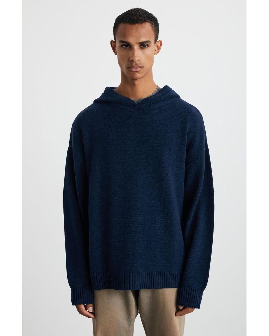 Grimelange Blue Oversized Hooded Ribbed Jumper for men