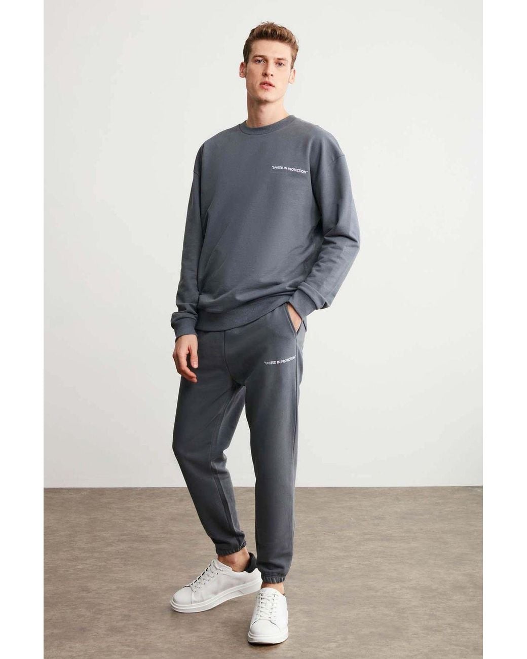 Grimelange Blue Elastic Waist Long Joggers for men