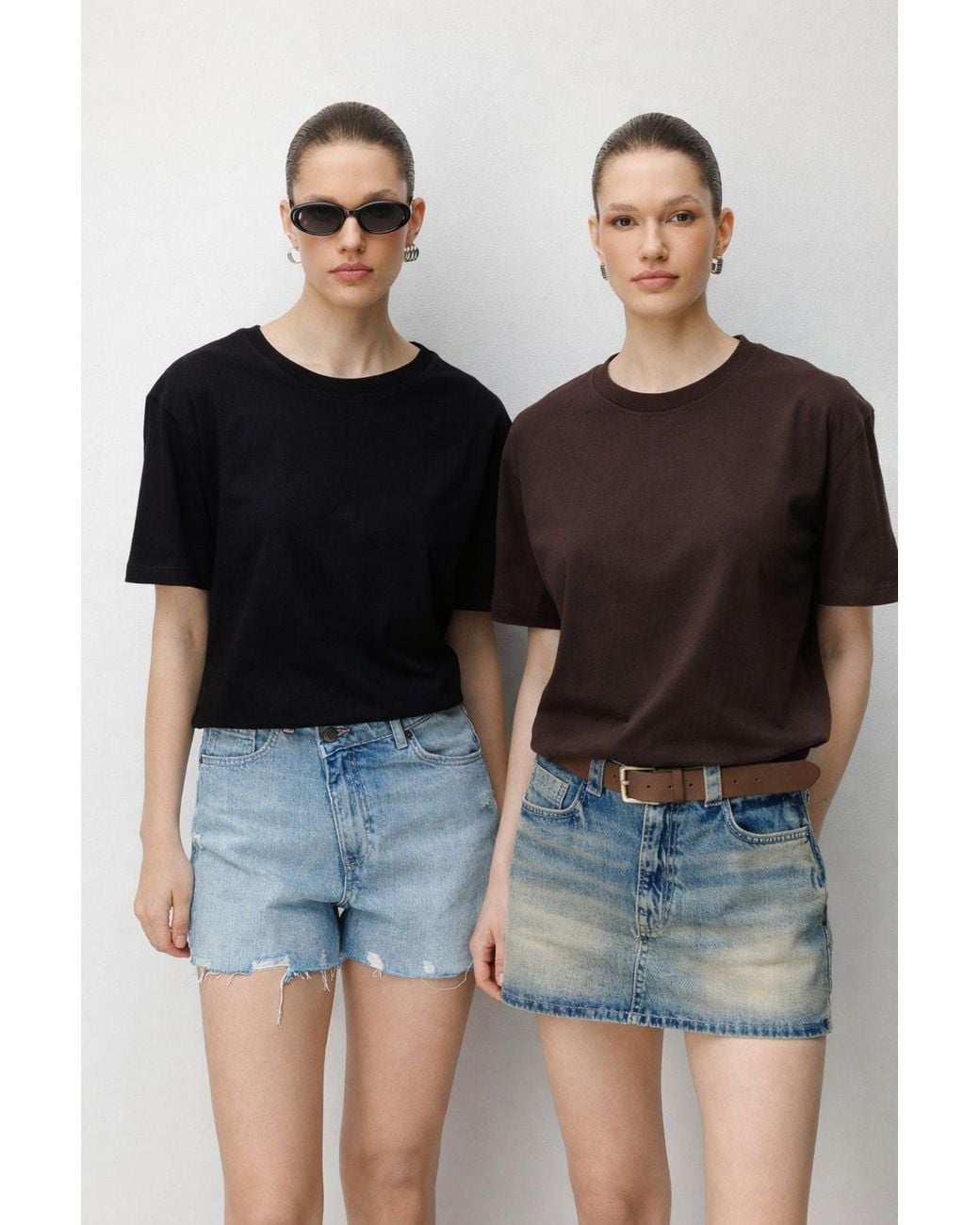 MixRay Black Oversized Ribbed Crew Neck Two-Piece T-Shirt Set