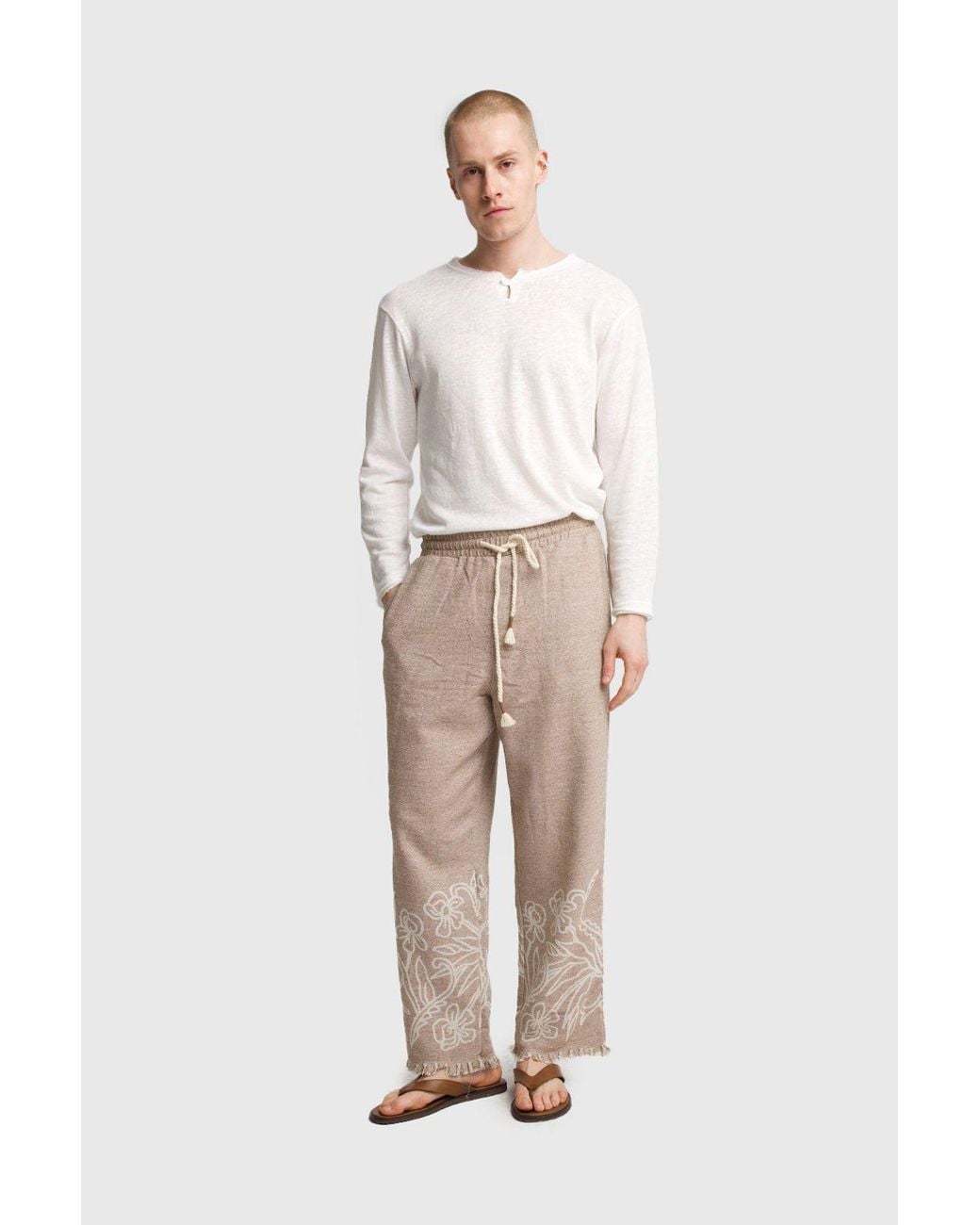 Giesto Natural Cotton Embroidered Knit Wide-Leg Pants for men