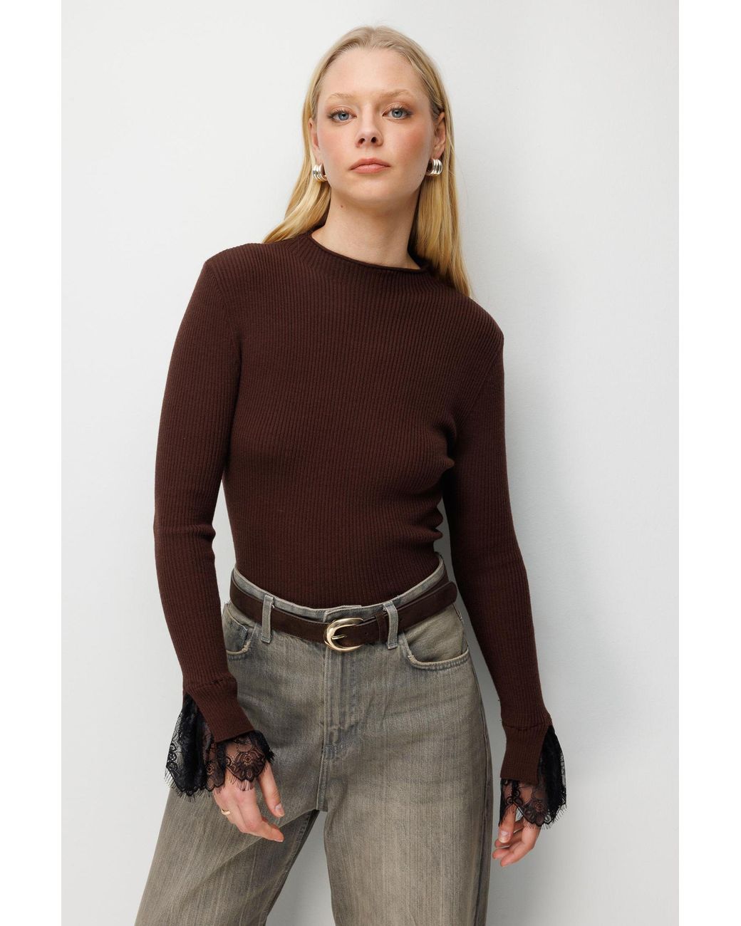 MixRay Brown Slim Fit Ribbed Knit Sweater With Crew Neck