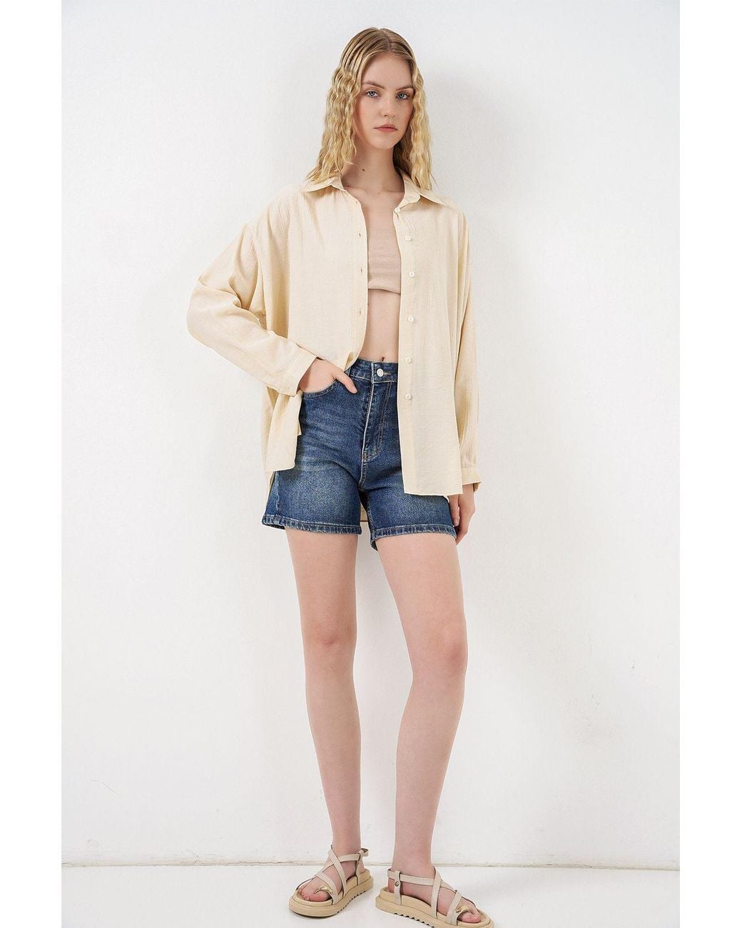 Bigdart Natural Oversized Long-Sleeve Button-Up Shirt