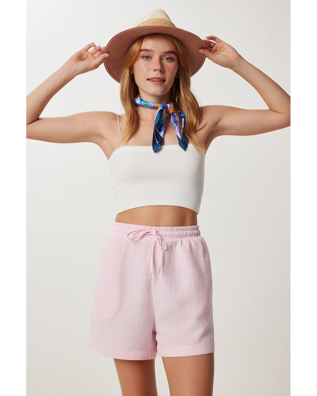 Happiness İstanbul Pink High Waist Wide Leg Cotton Shorts