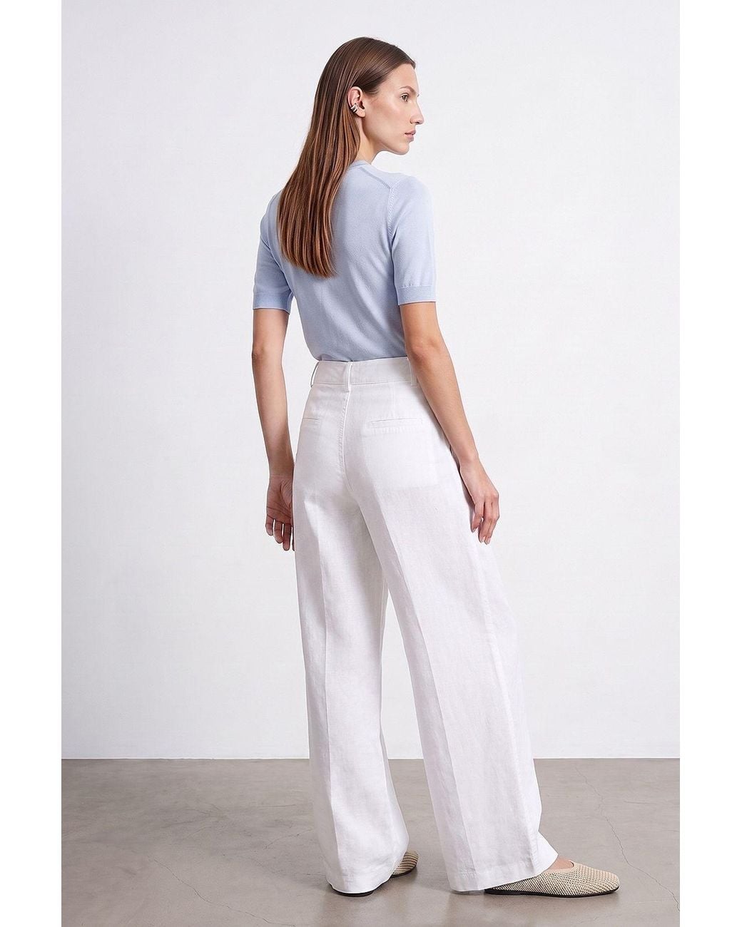 Dilvin White High-Waist Wide-Leg Linen Trousers