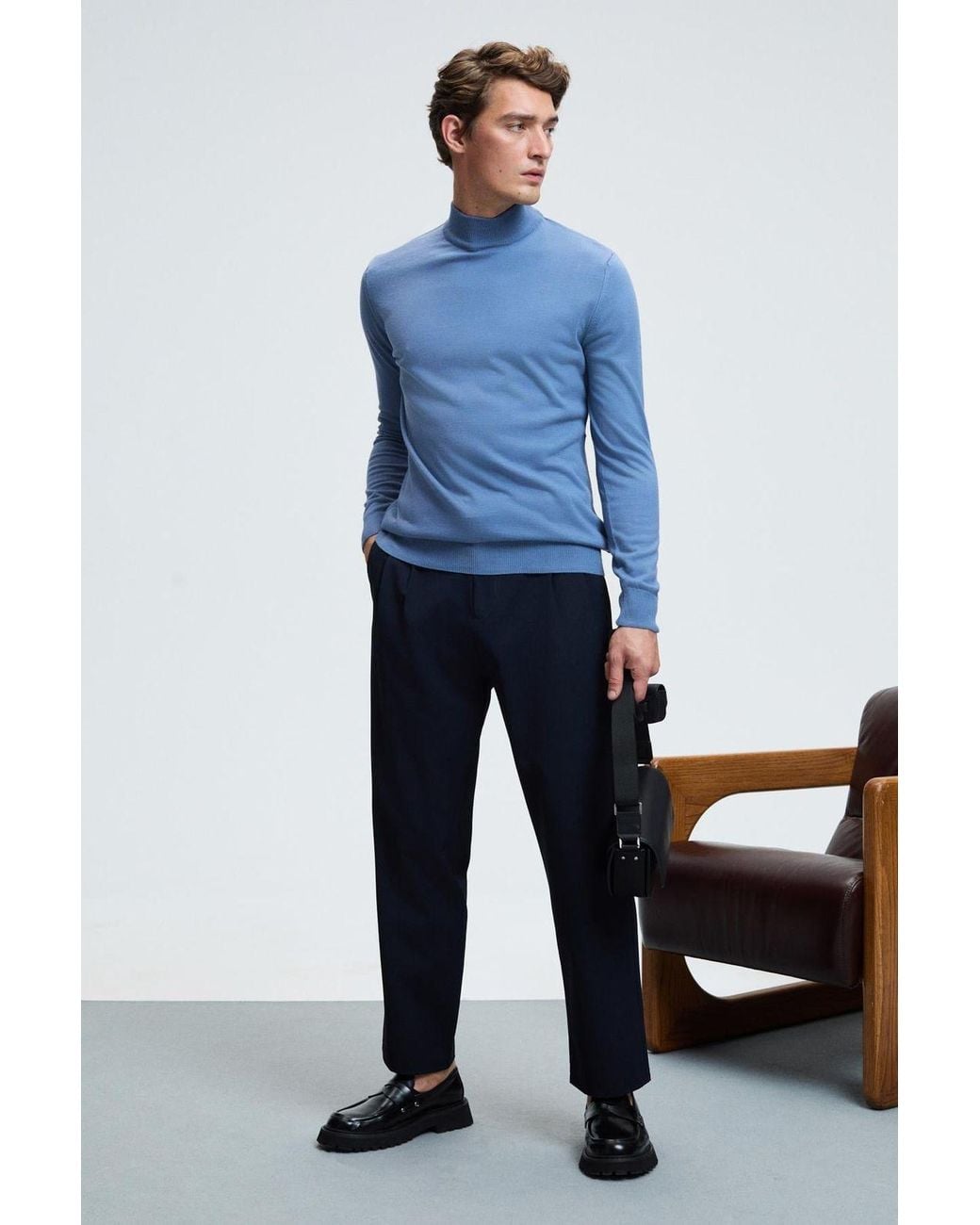 Grimelange Blue Fine Knit Ribbed Crew Neck Jumper for men