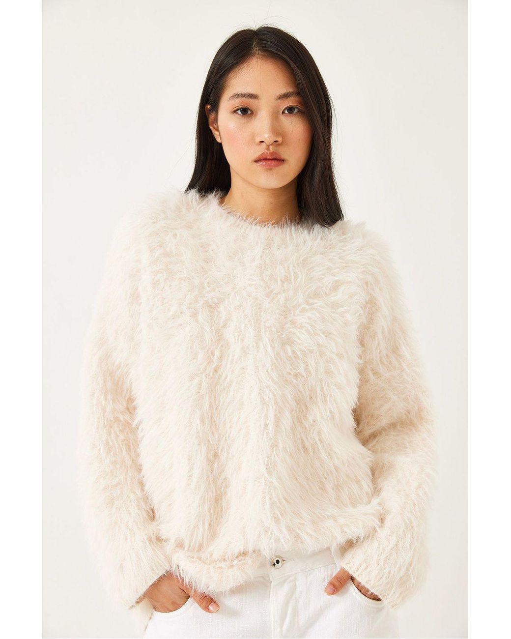 Bianco Lucci Natural Oversized Textured Knit Sweater With Plush Detail