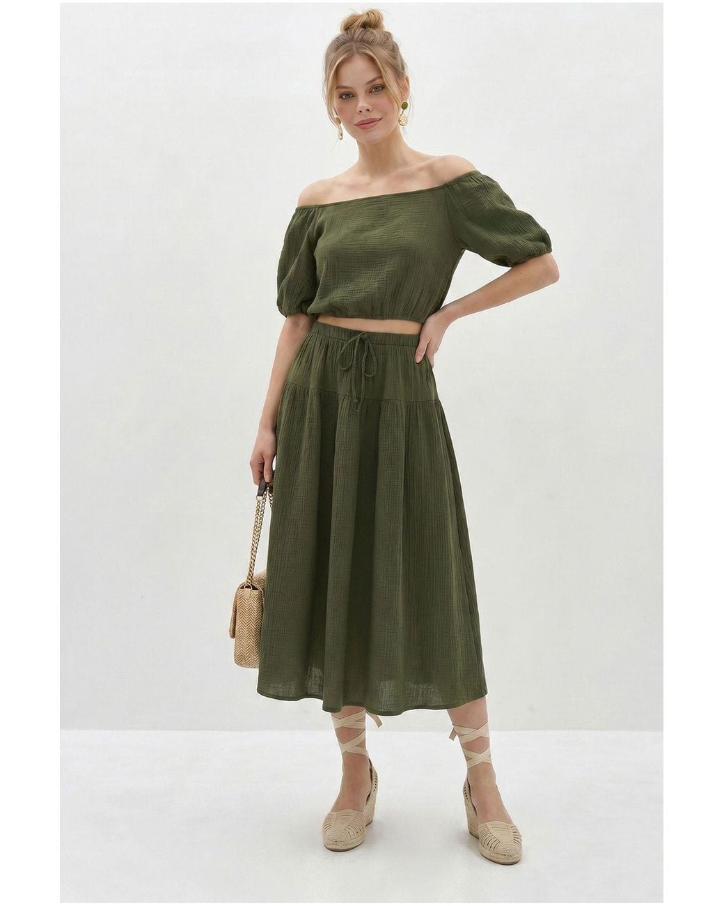 Bianco Lucci Green Cotton Seersucker Blouse And Midi Skirt Set